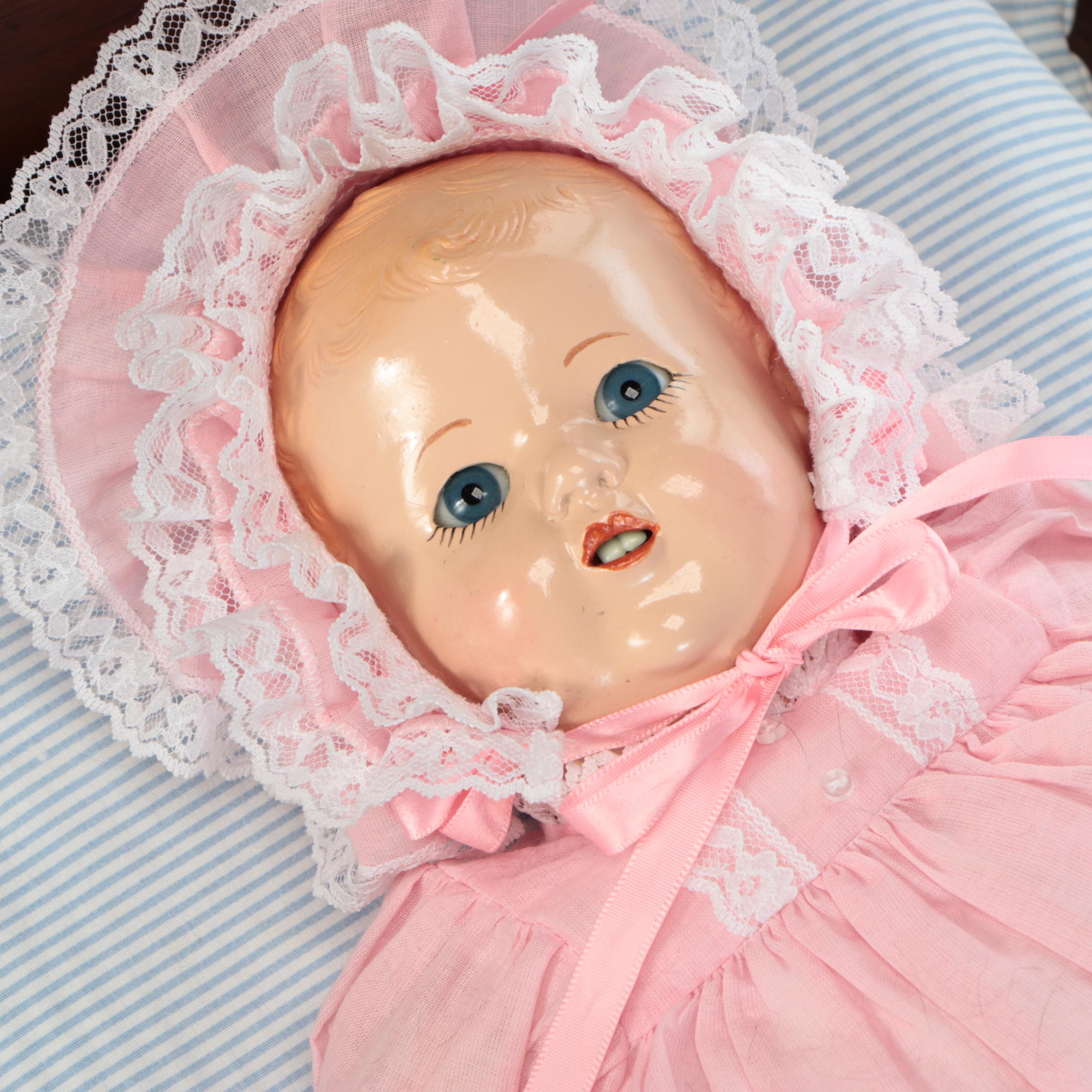 Victorian Diminutive Spool-Turned Bed with Composition Ideal Doll