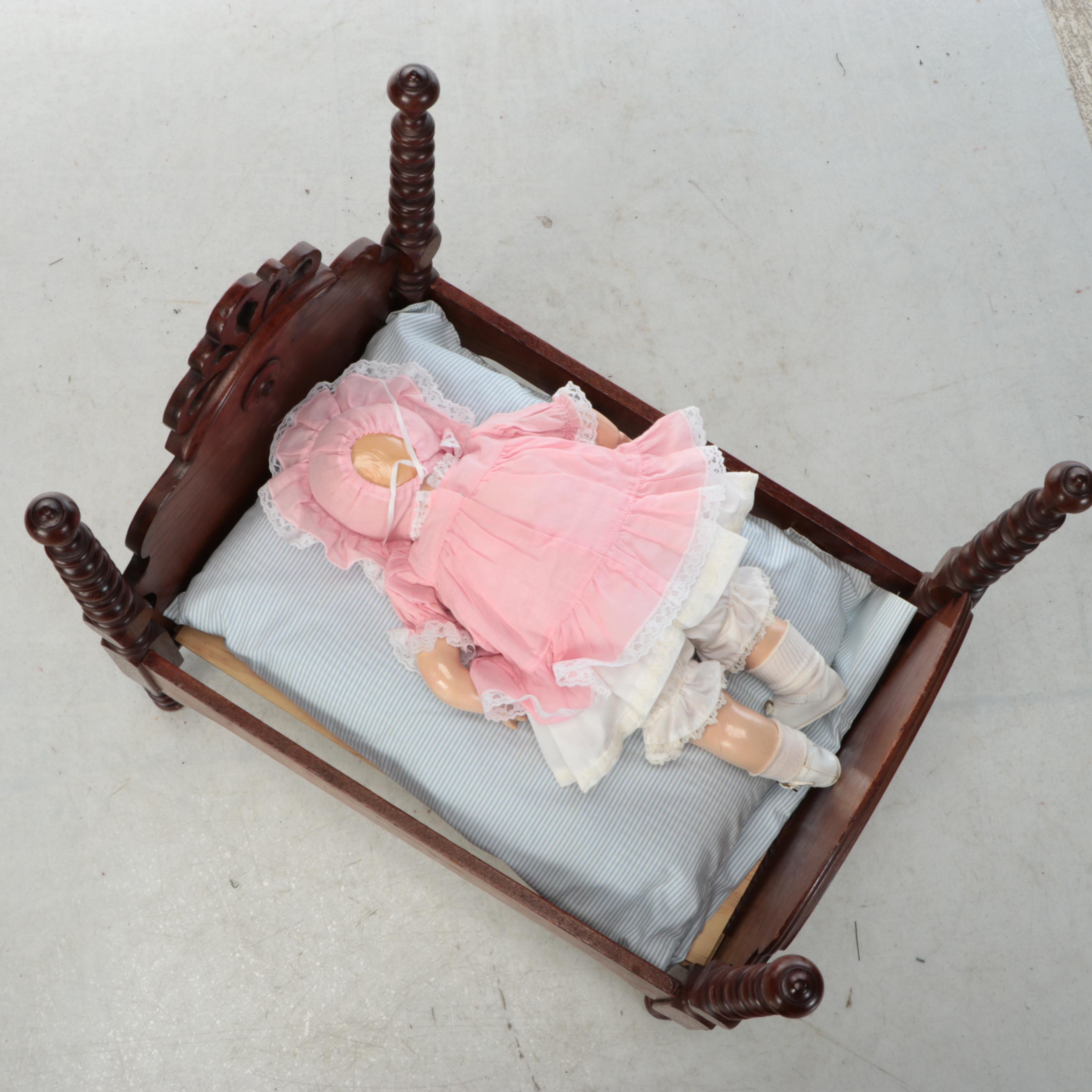 Victorian Diminutive Spool-Turned Bed with Composition Ideal Doll