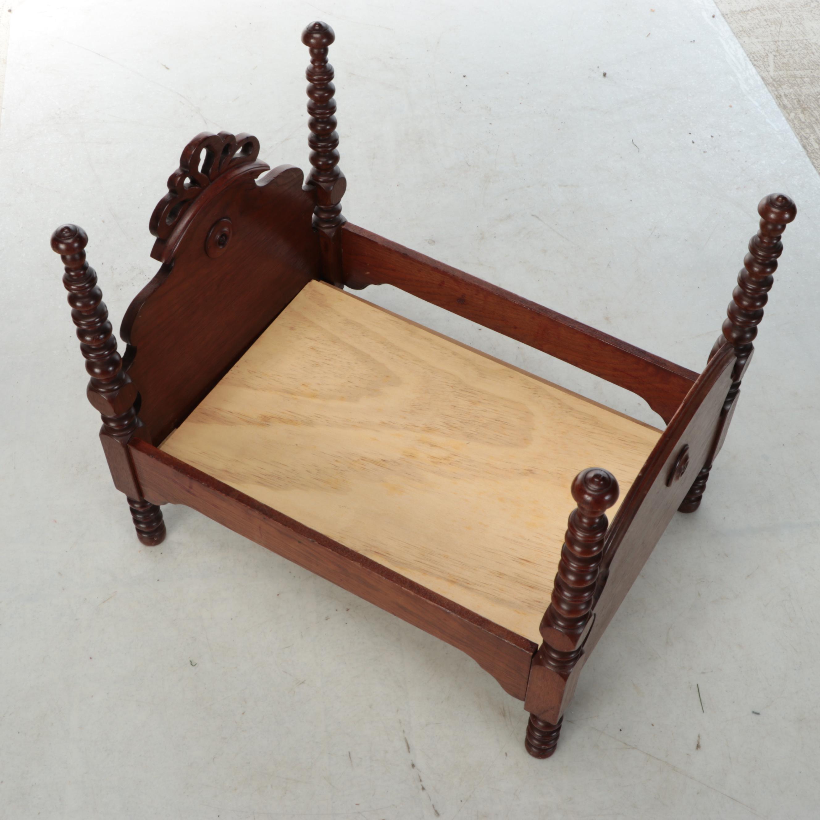 Victorian Diminutive Spool-Turned Bed with Composition Ideal Doll
