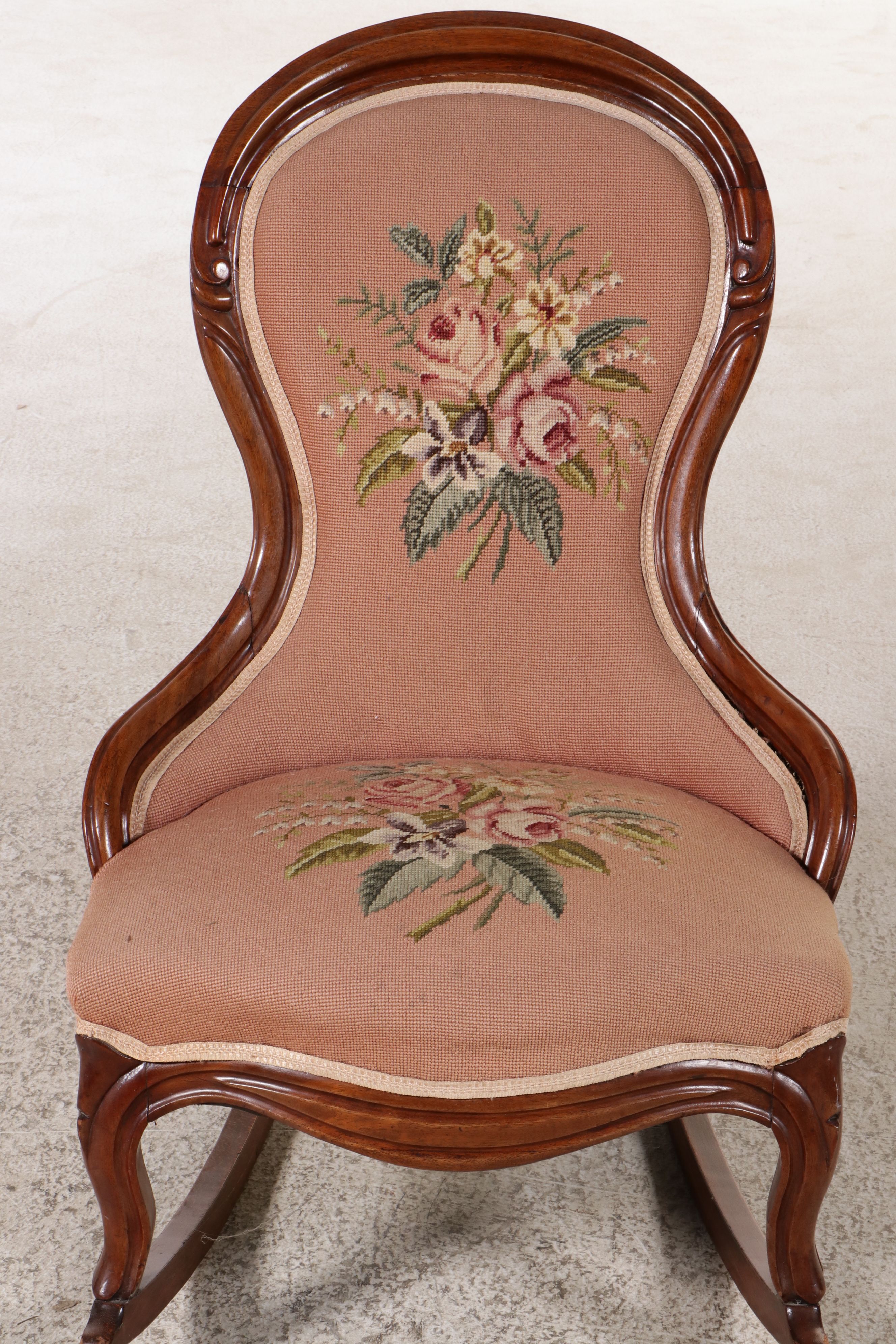 Victorian Oak Rocking Chair with Needlepoint Upholstery