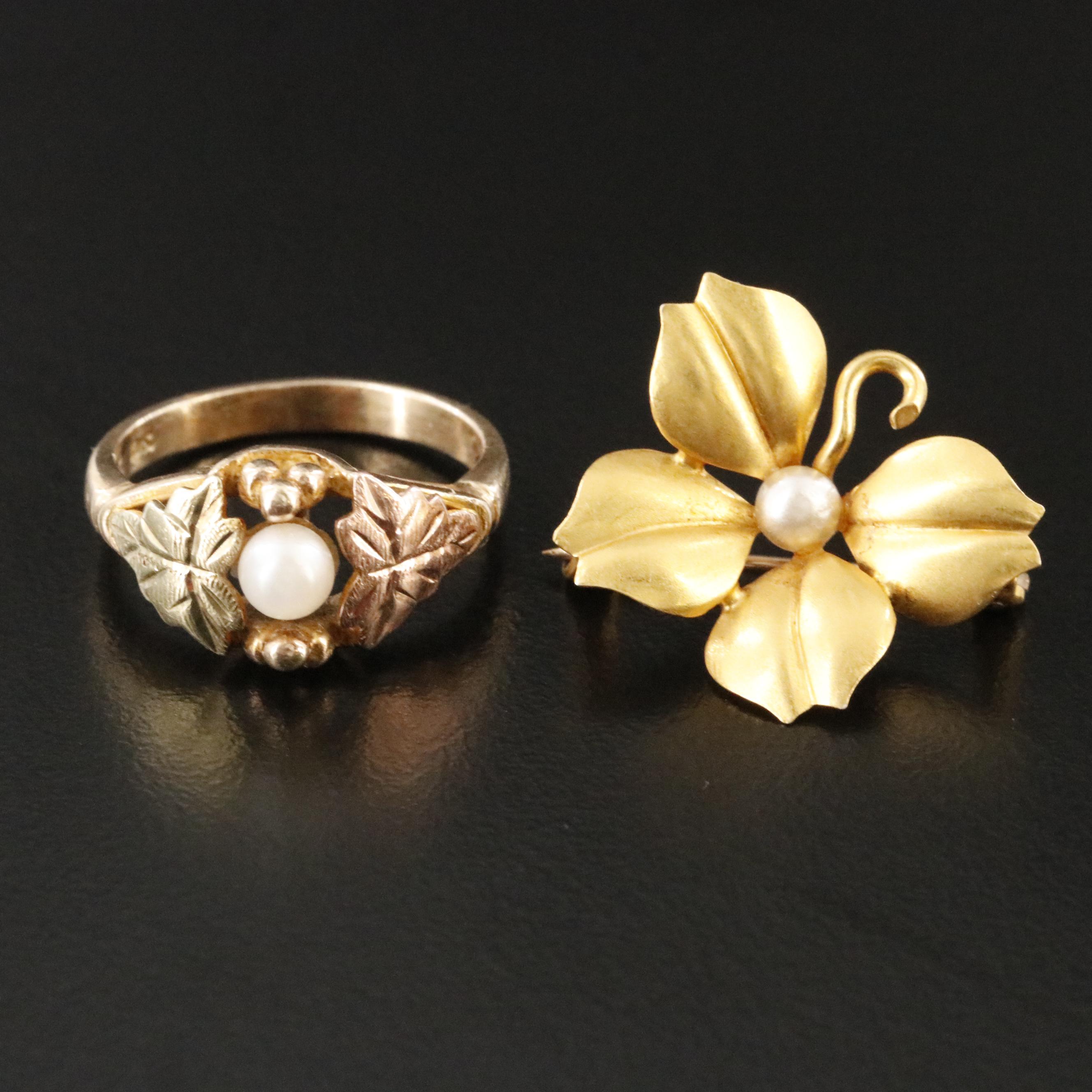 10K Two-Tone Pearl Ring and Imitation Pearl Clover Brooch