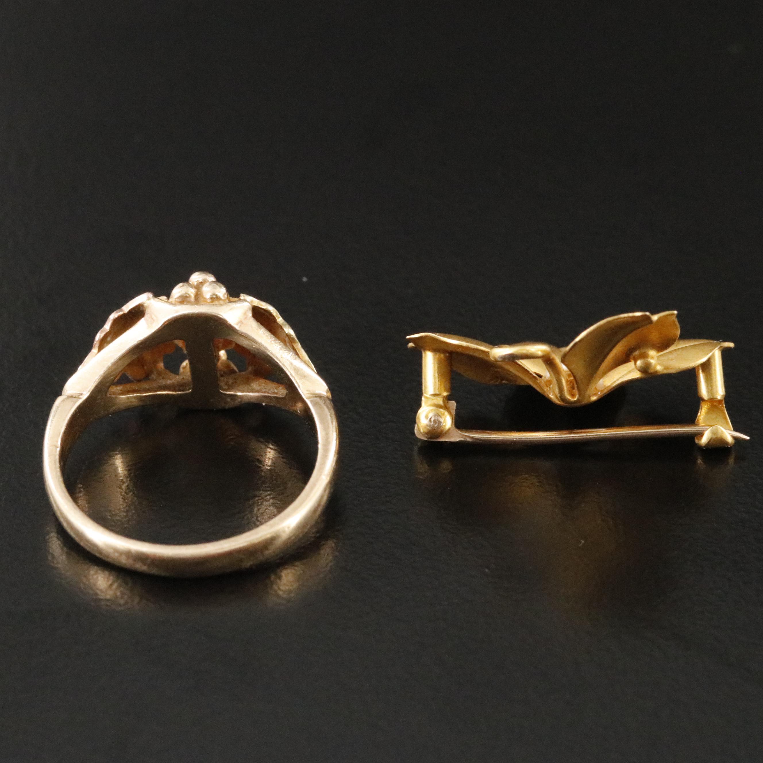 10K Two-Tone Pearl Ring and Imitation Pearl Clover Brooch