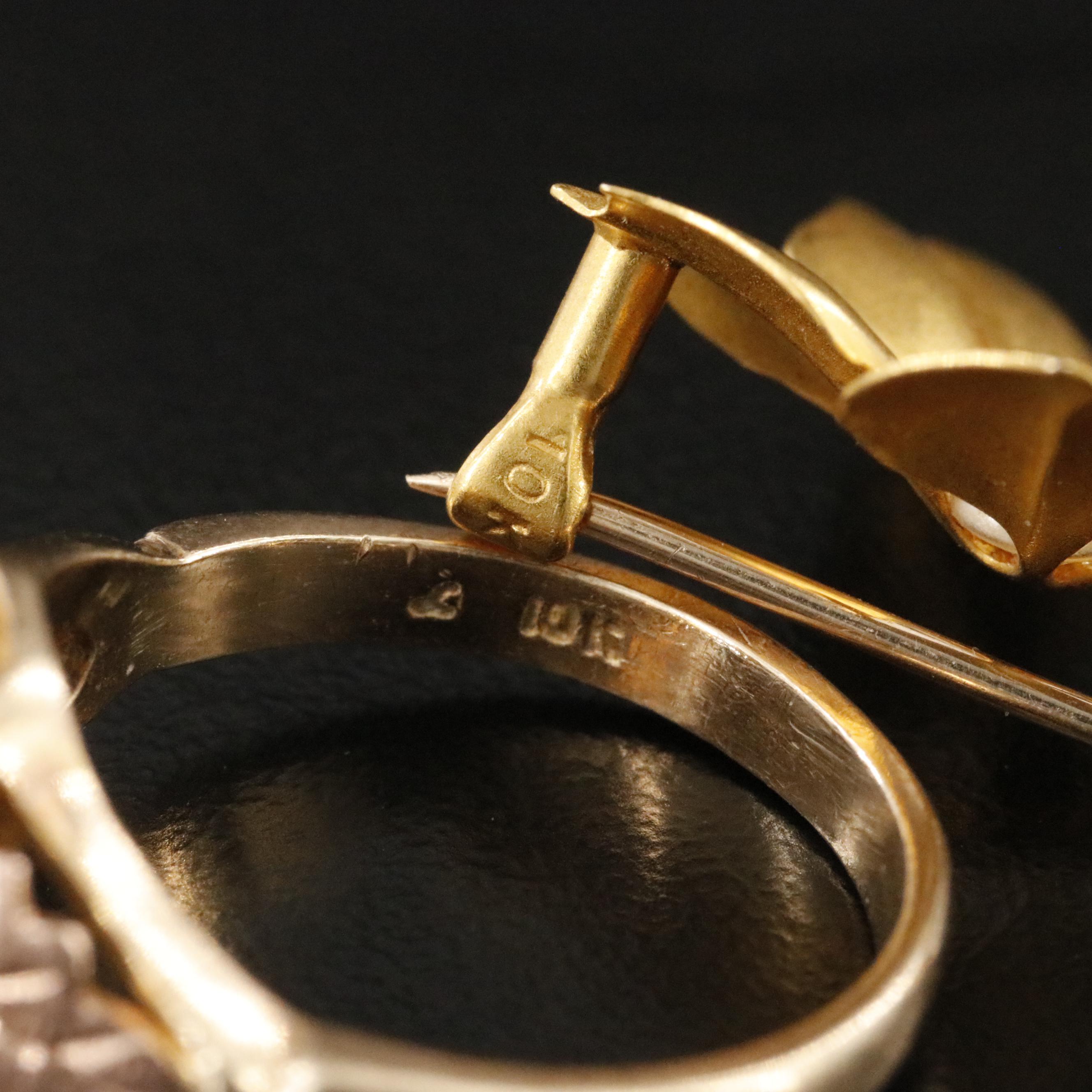 10K Two-Tone Pearl Ring and Imitation Pearl Clover Brooch