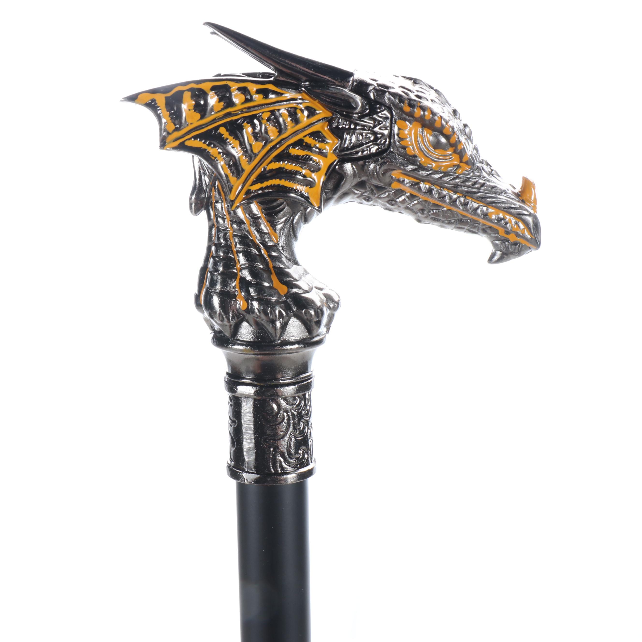 Silver and Yellow Enameled Dragon Head Walking Stick