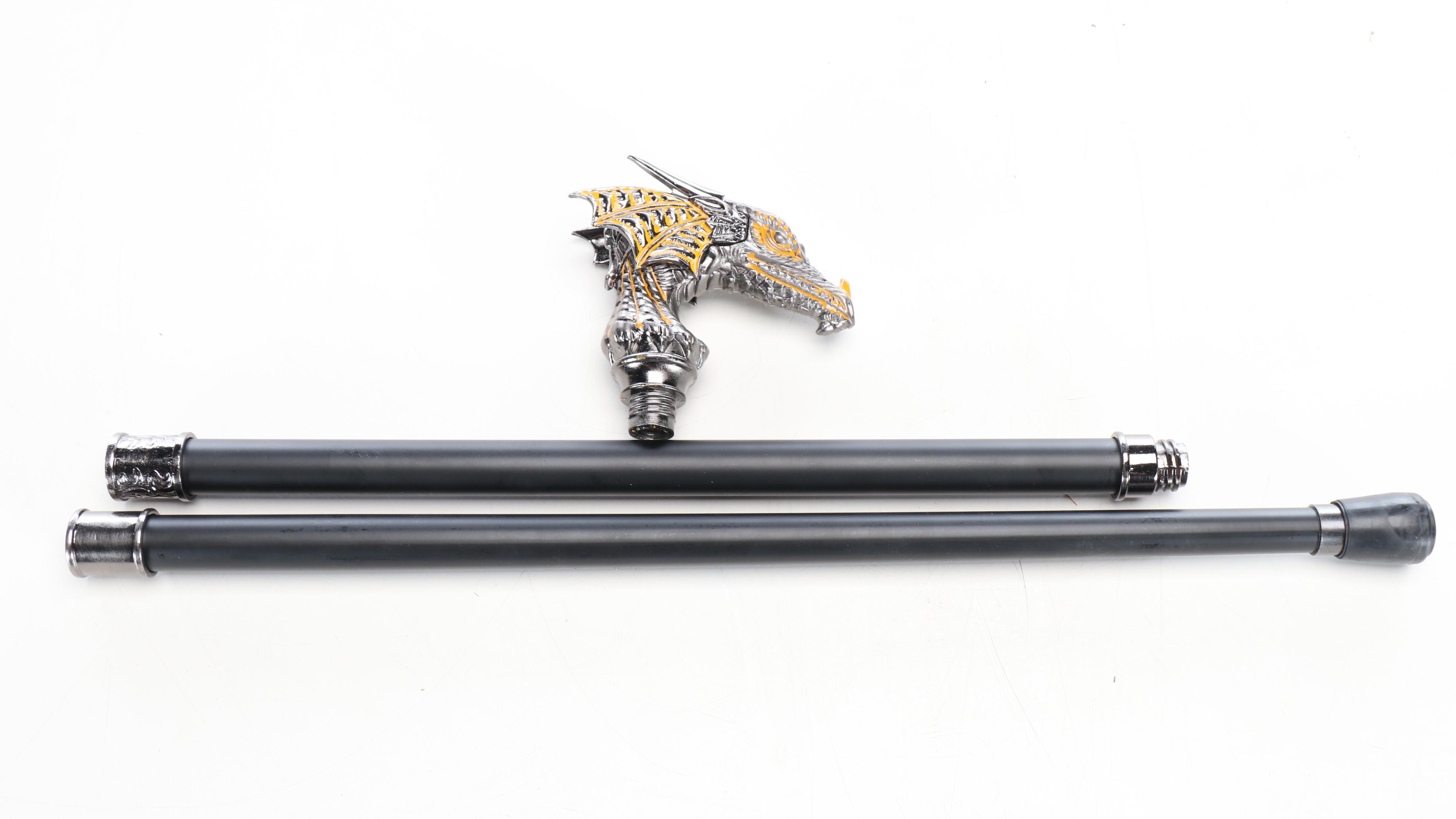 Silver and Yellow Enameled Dragon Head Walking Stick