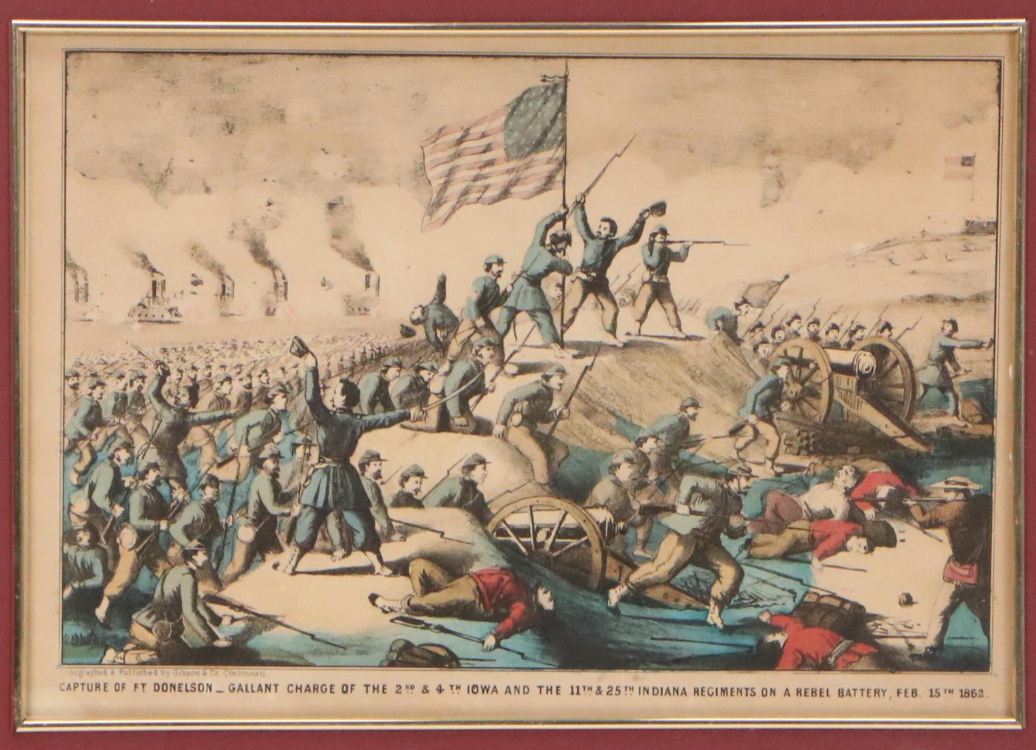 Gibson & Co. Hand-Colored Lithograph "Capture of Ft. Donelson," Late 19th C.