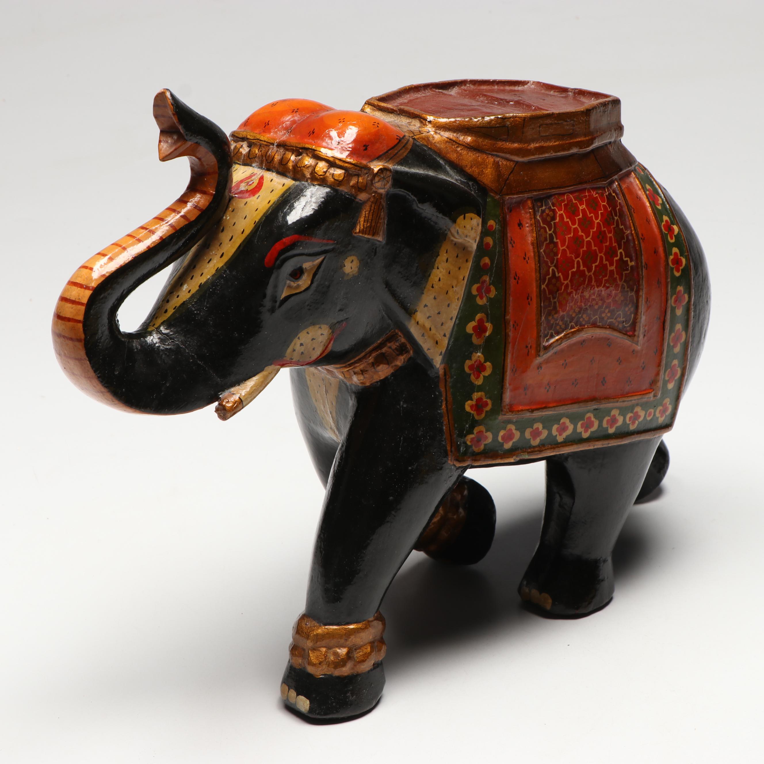 Indian Carved Wood Marionette Elephant with Hand-Painted Lacquerware Elephant