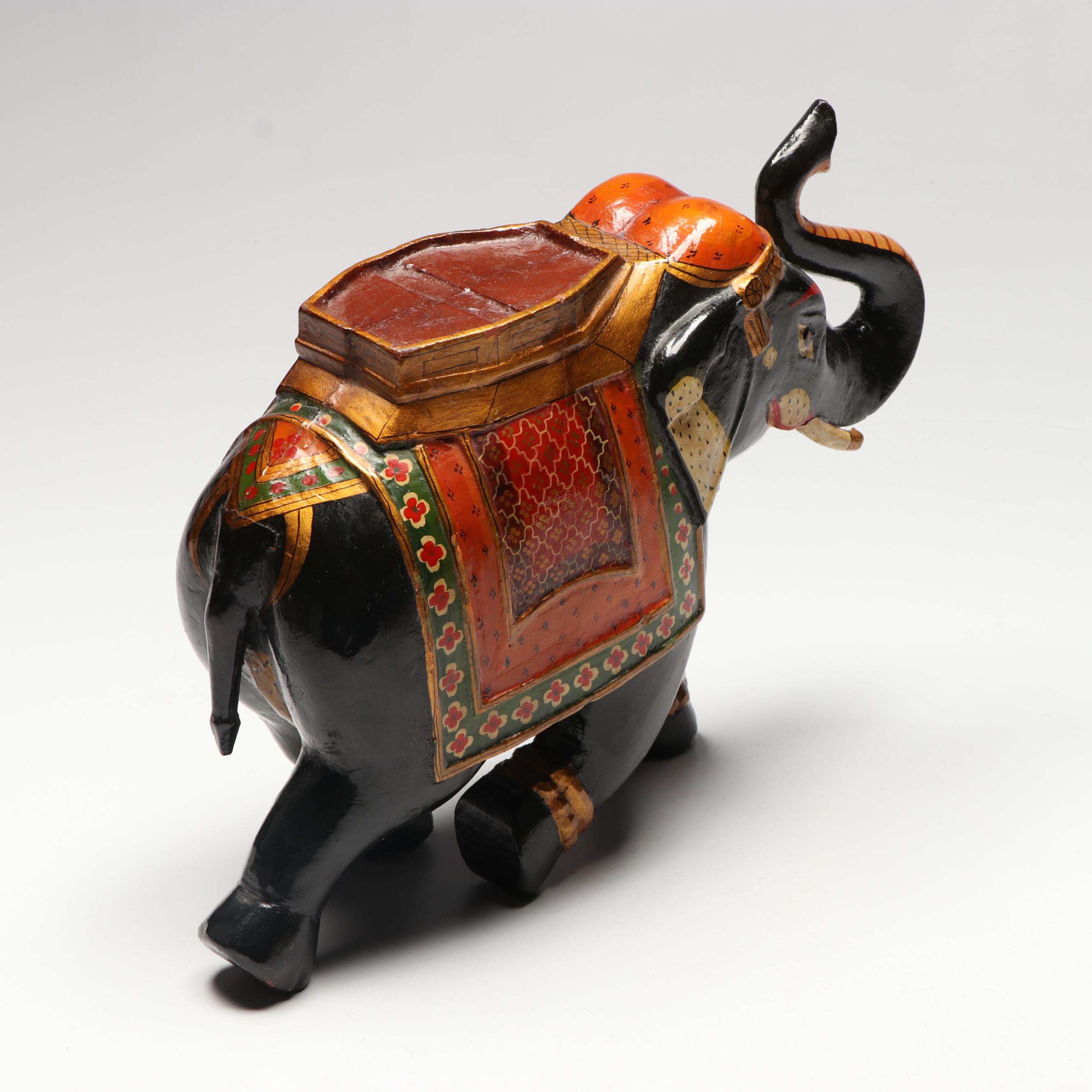 Indian Carved Wood Marionette Elephant with Hand-Painted Lacquerware Elephant