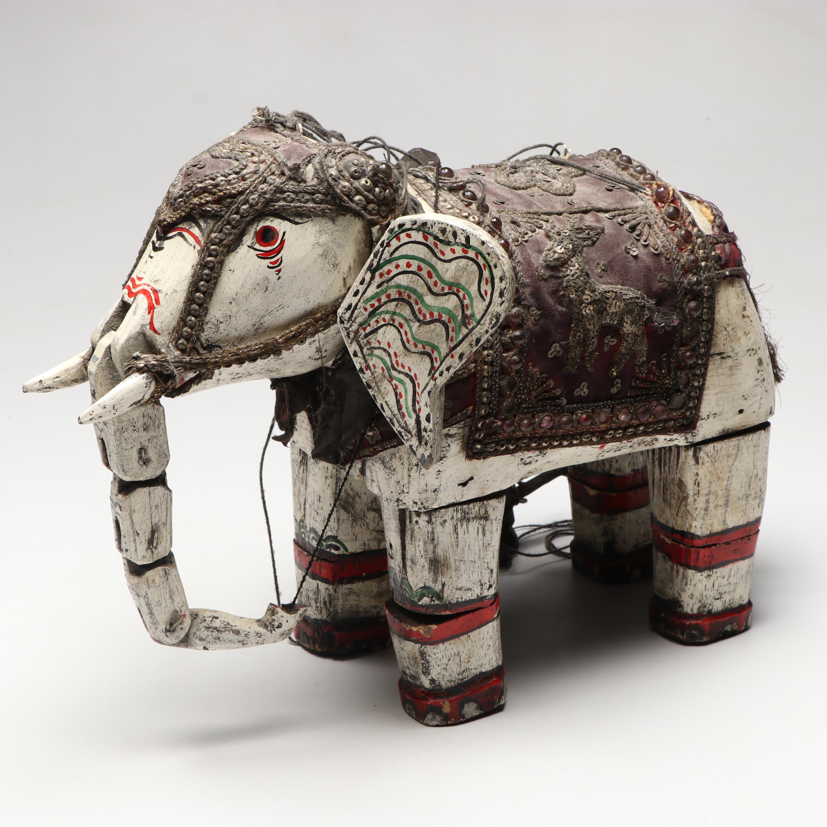Indian Carved Wood Marionette Elephant with Hand-Painted Lacquerware Elephant