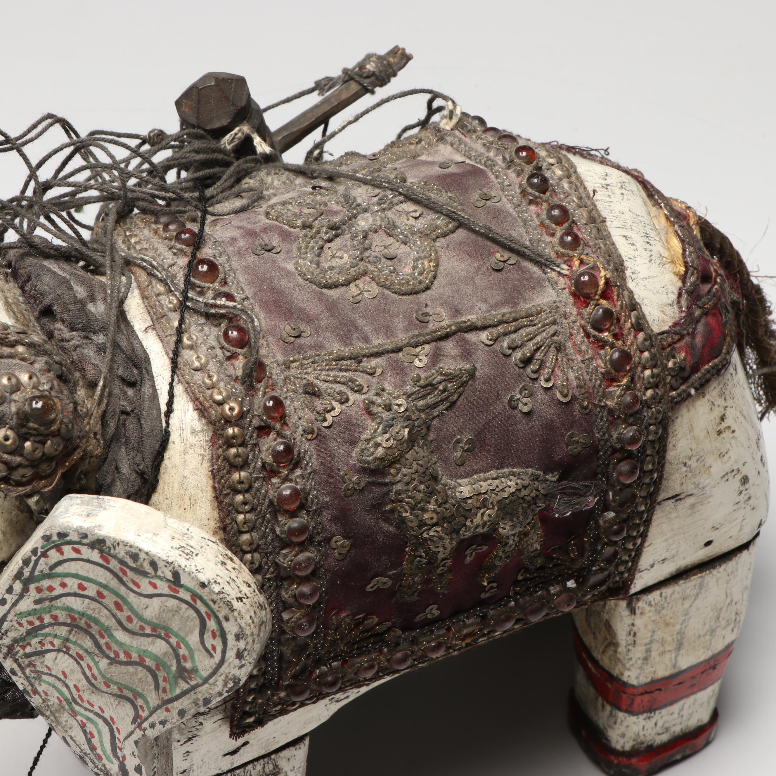 Indian Carved Wood Marionette Elephant with Hand-Painted Lacquerware Elephant