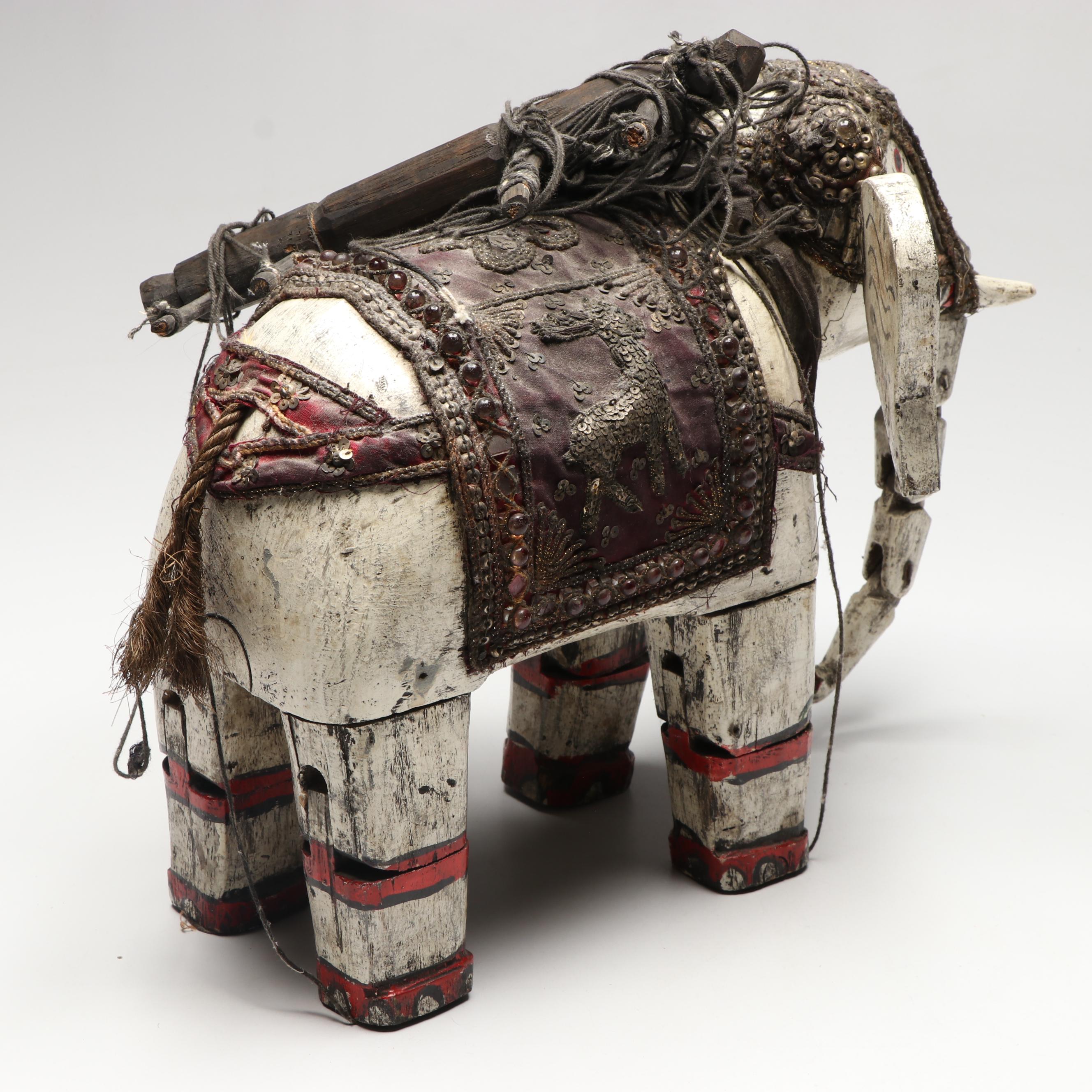 Indian Carved Wood Marionette Elephant with Hand-Painted Lacquerware Elephant