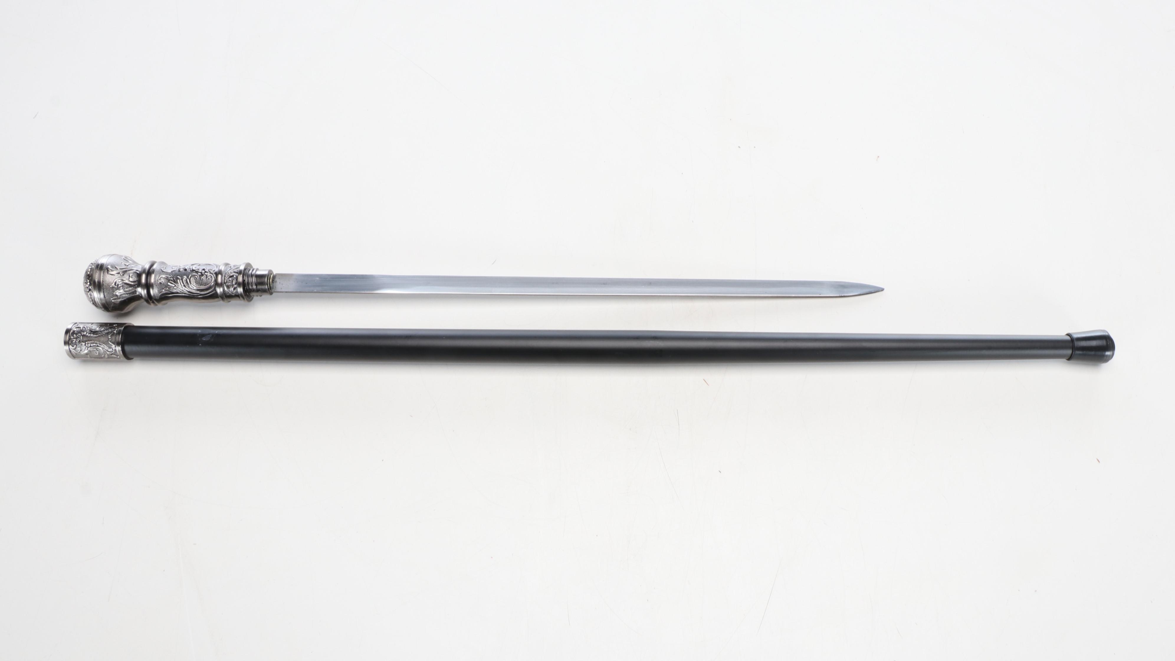 Victorian Style Silver Finish Knobbed Sword Cane