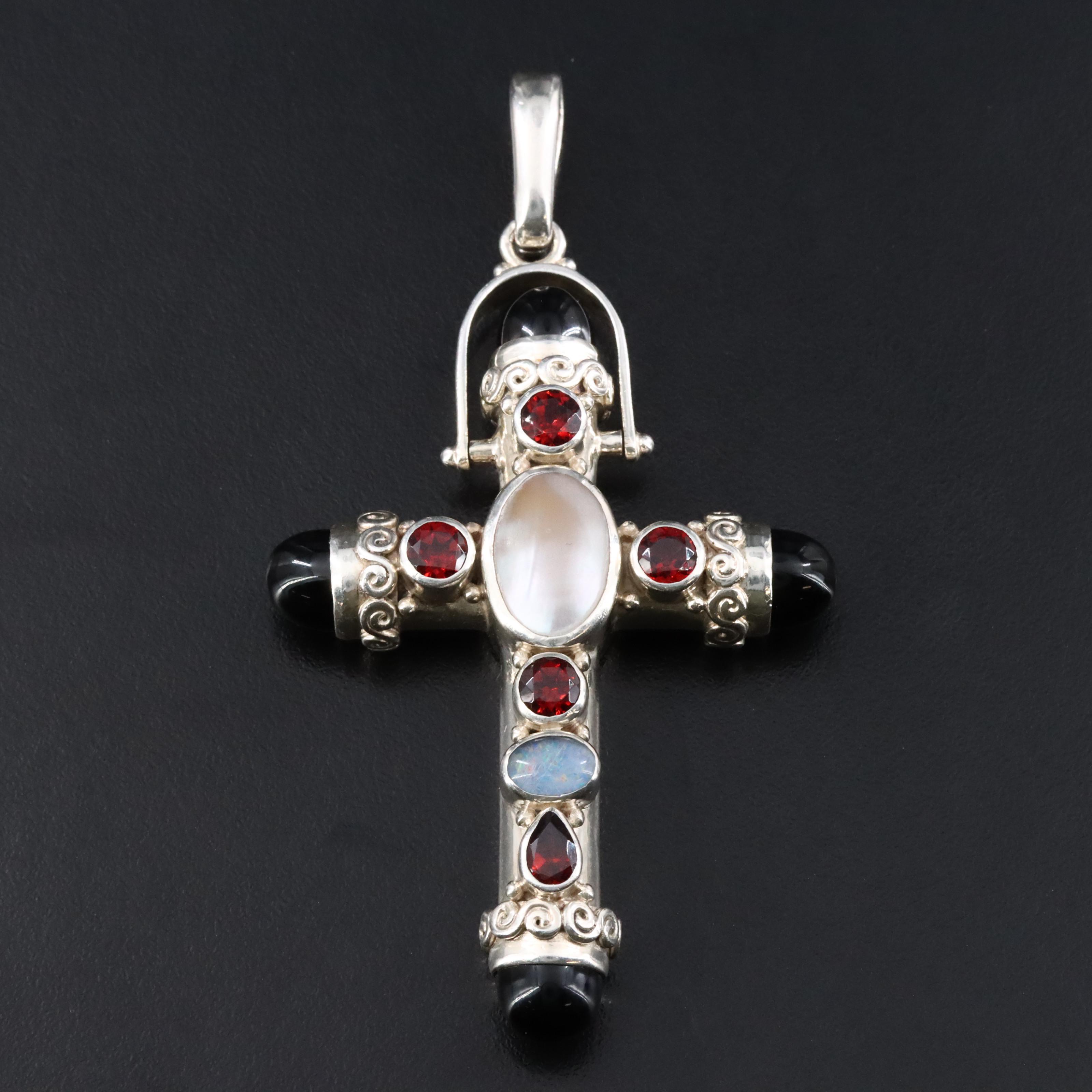 Sajen Sterling and Gemstone Cross Pendant with Garnet, Black Onyx and Mabé Pearl