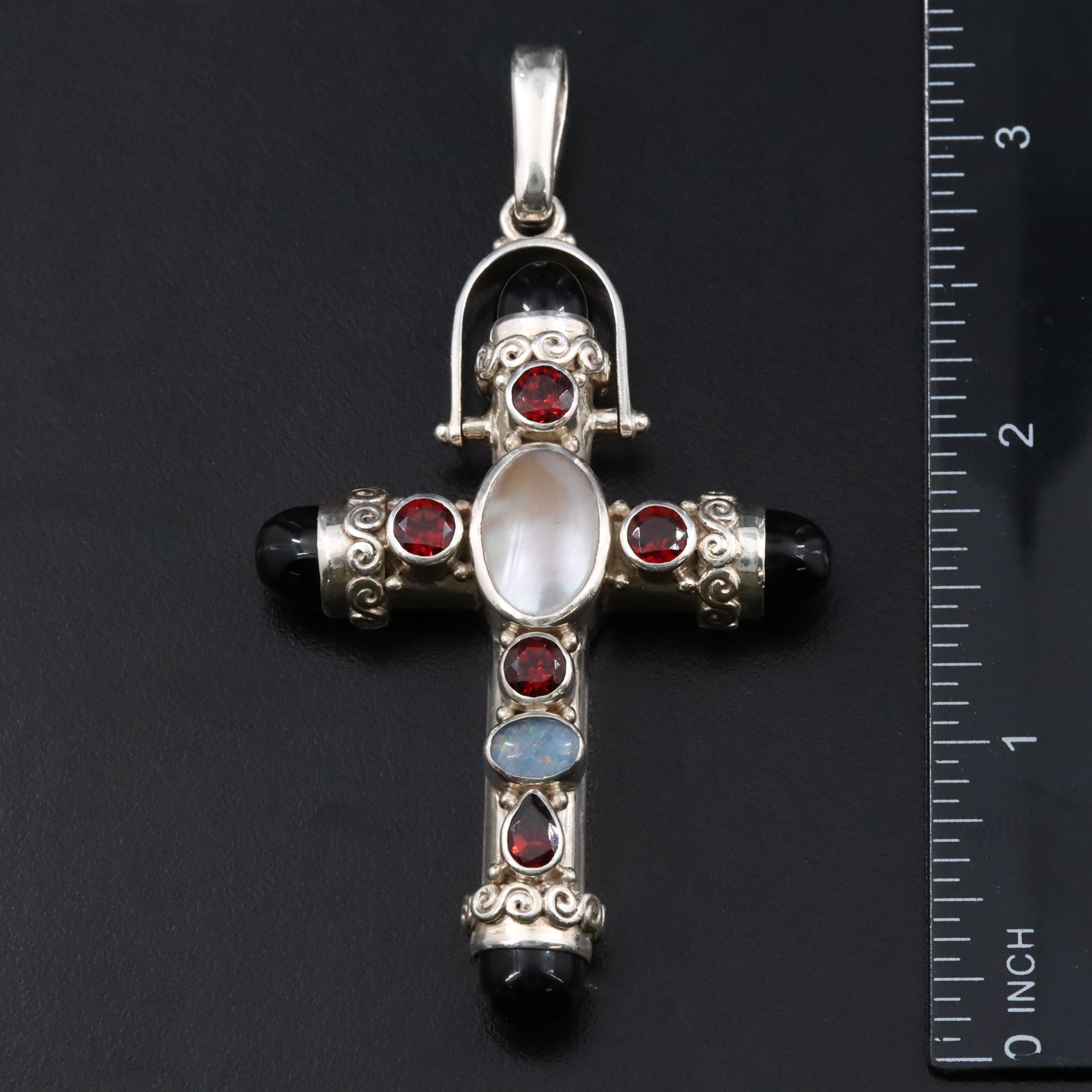 Sajen Sterling and Gemstone Cross Pendant with Garnet, Black Onyx and Mabé Pearl