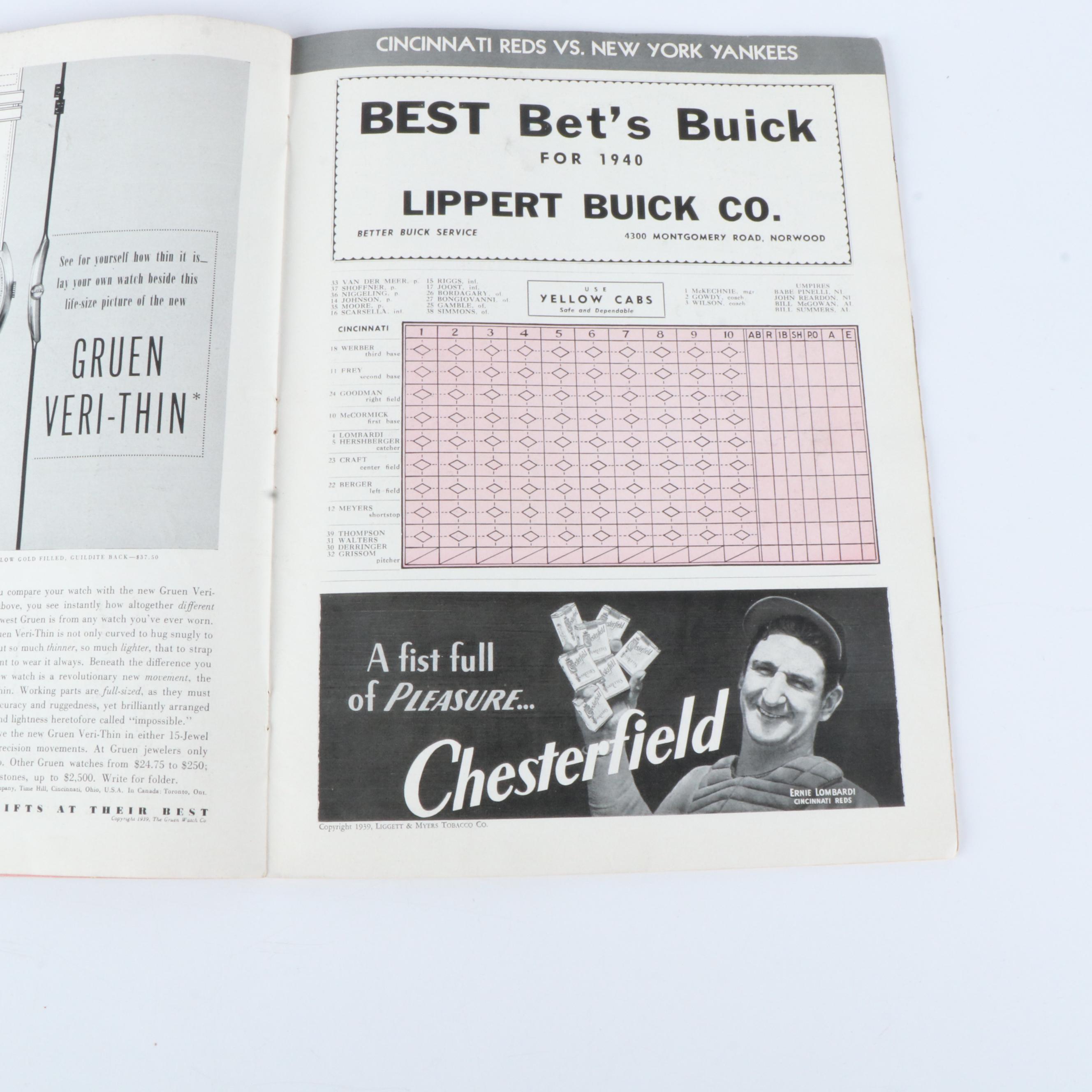 1939 World Series Reds Vs. Yankees Official Scorebook