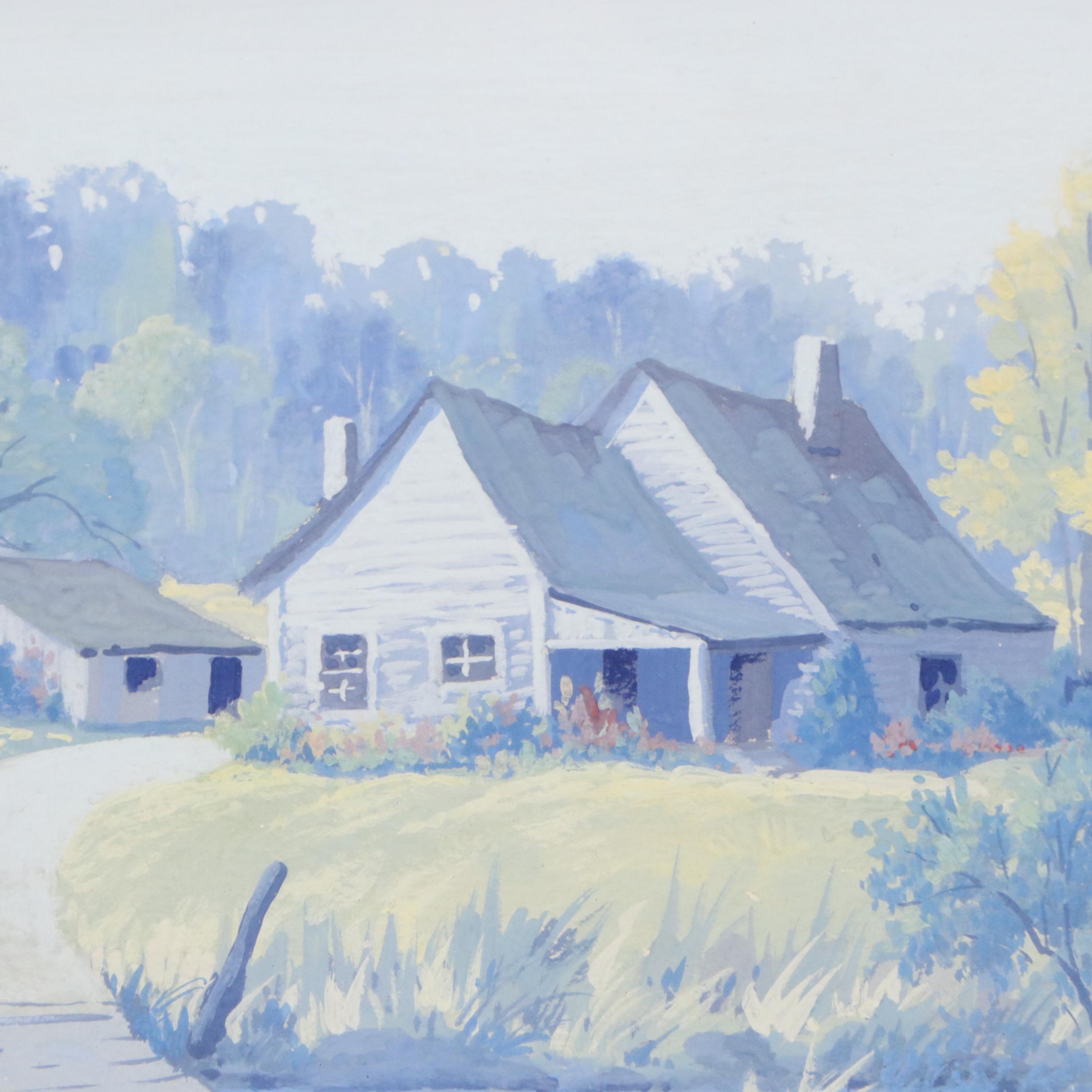 Landscape Gouache Painting of Rural Creekside House, 20th C.