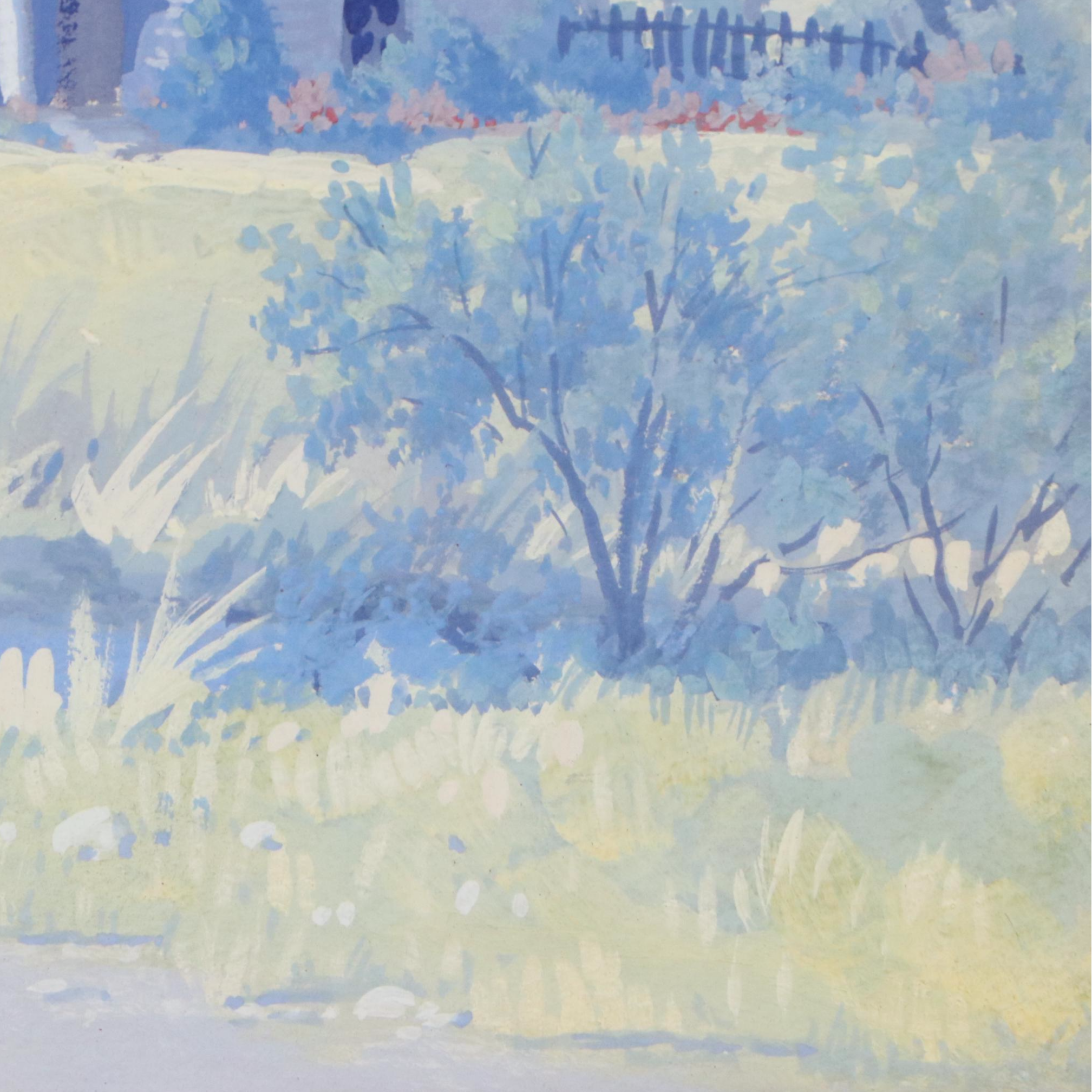 Landscape Gouache Painting of Rural Creekside House, 20th C.