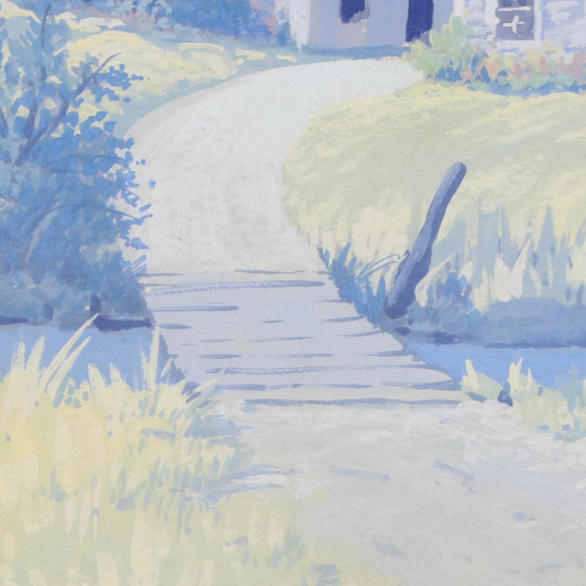 Landscape Gouache Painting of Rural Creekside House, 20th C.