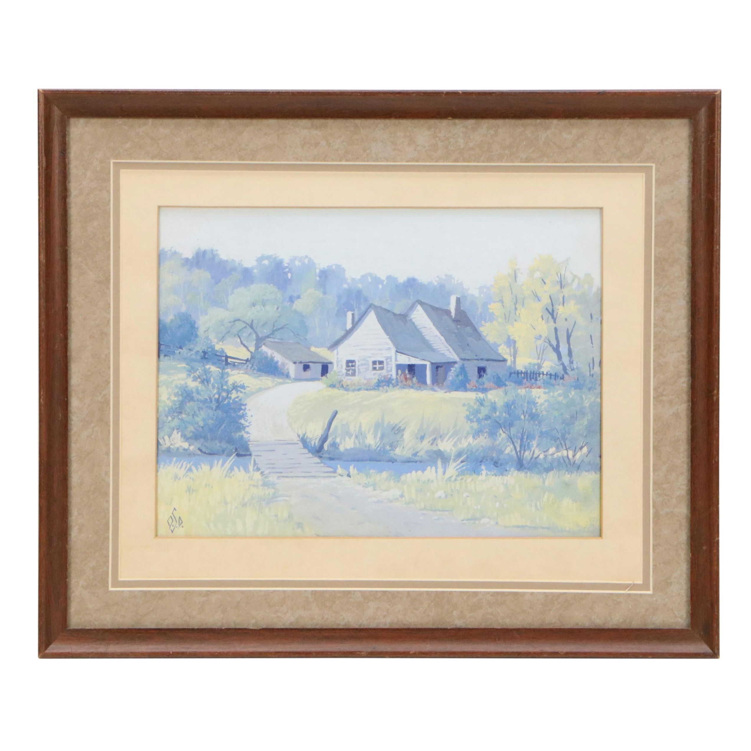 Landscape Gouache Painting of Rural Creekside House, 20th C.
