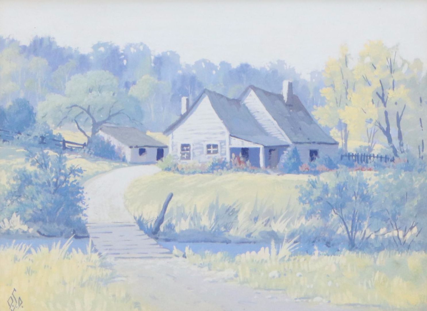 Landscape Gouache Painting of Rural Creekside House, 20th C.