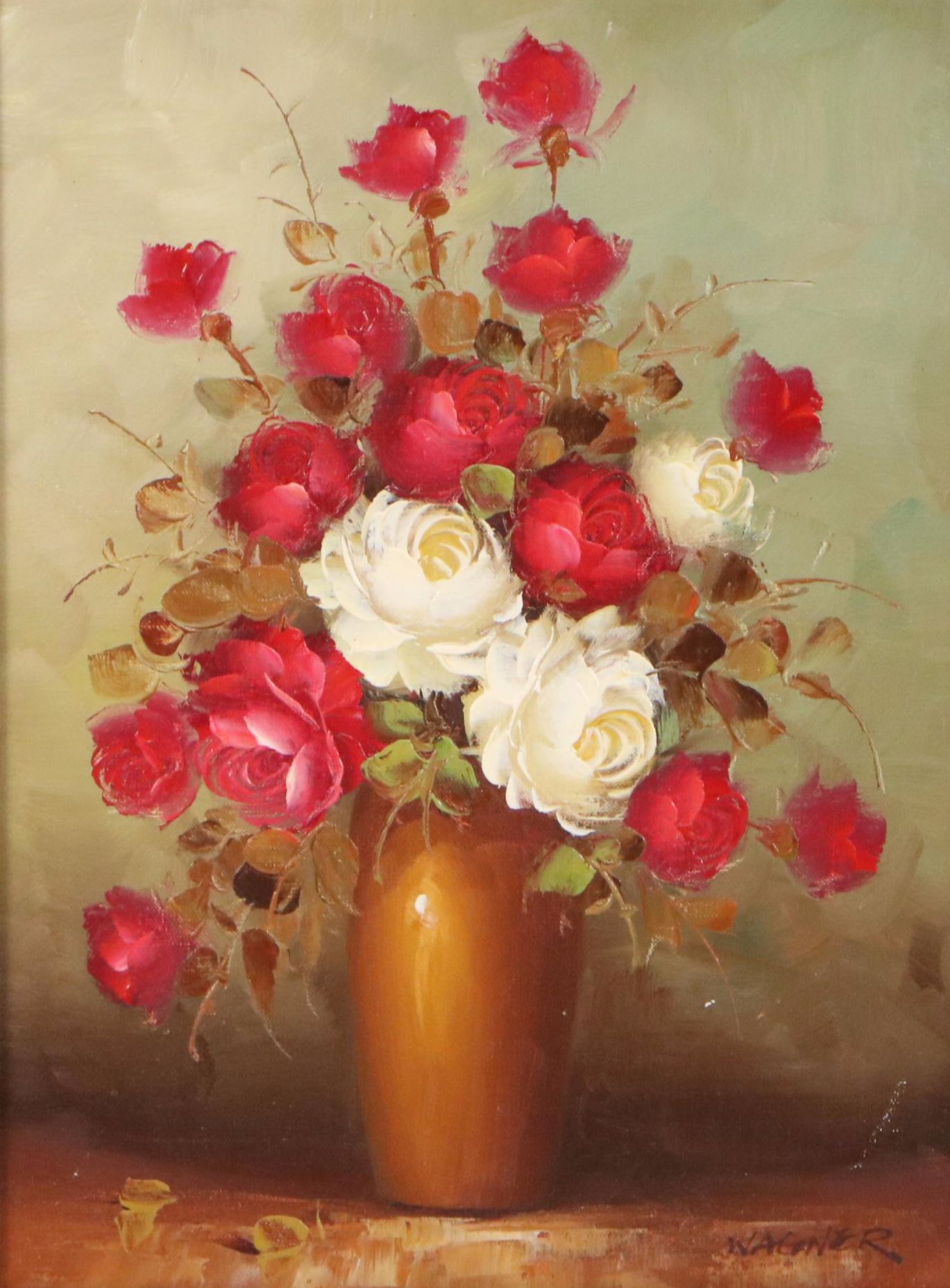 Wagner Floral Still Life Oil Painting of Red and White Roses