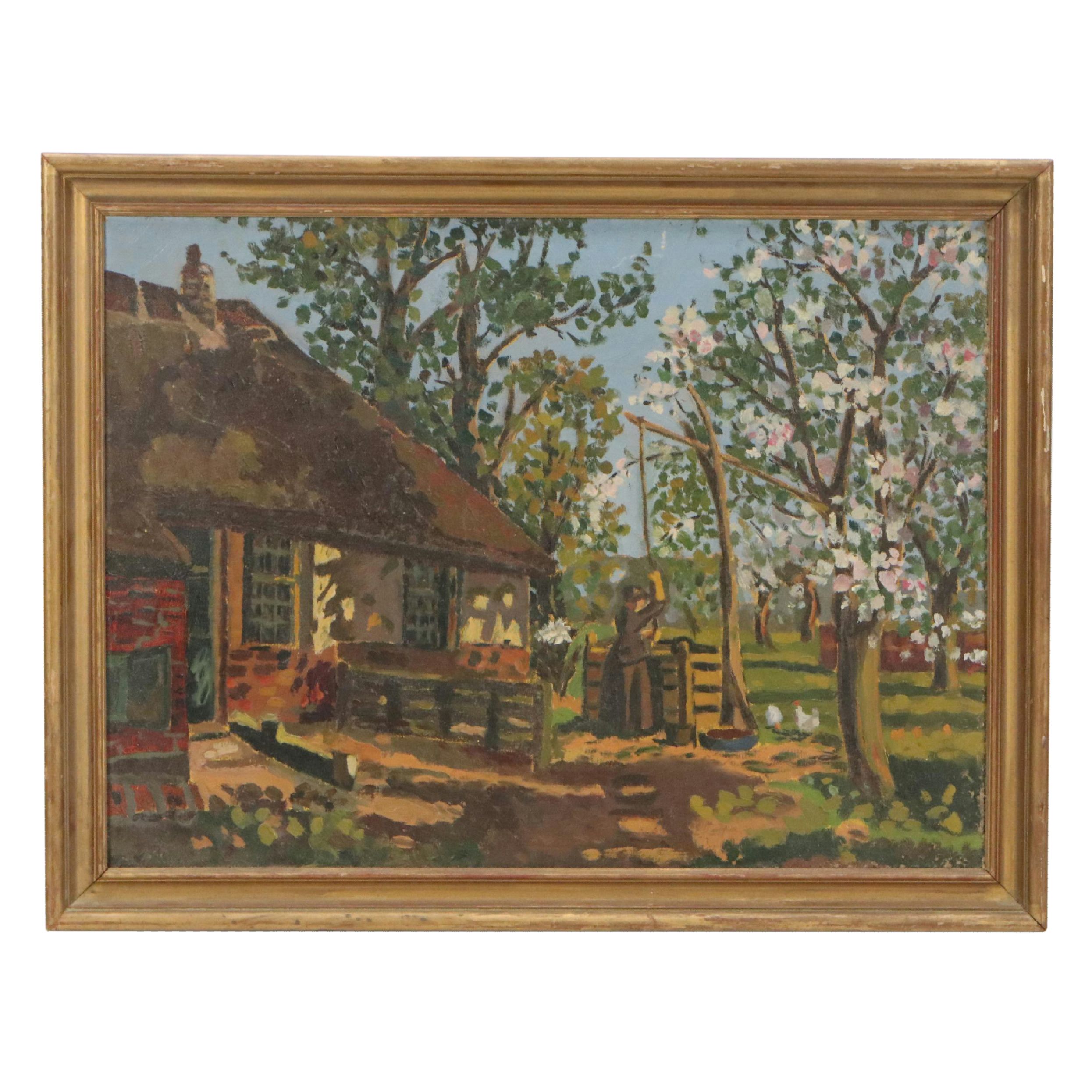 Garnett Bryant Stamper Oil Painting of Homestead Scene, 20th Century