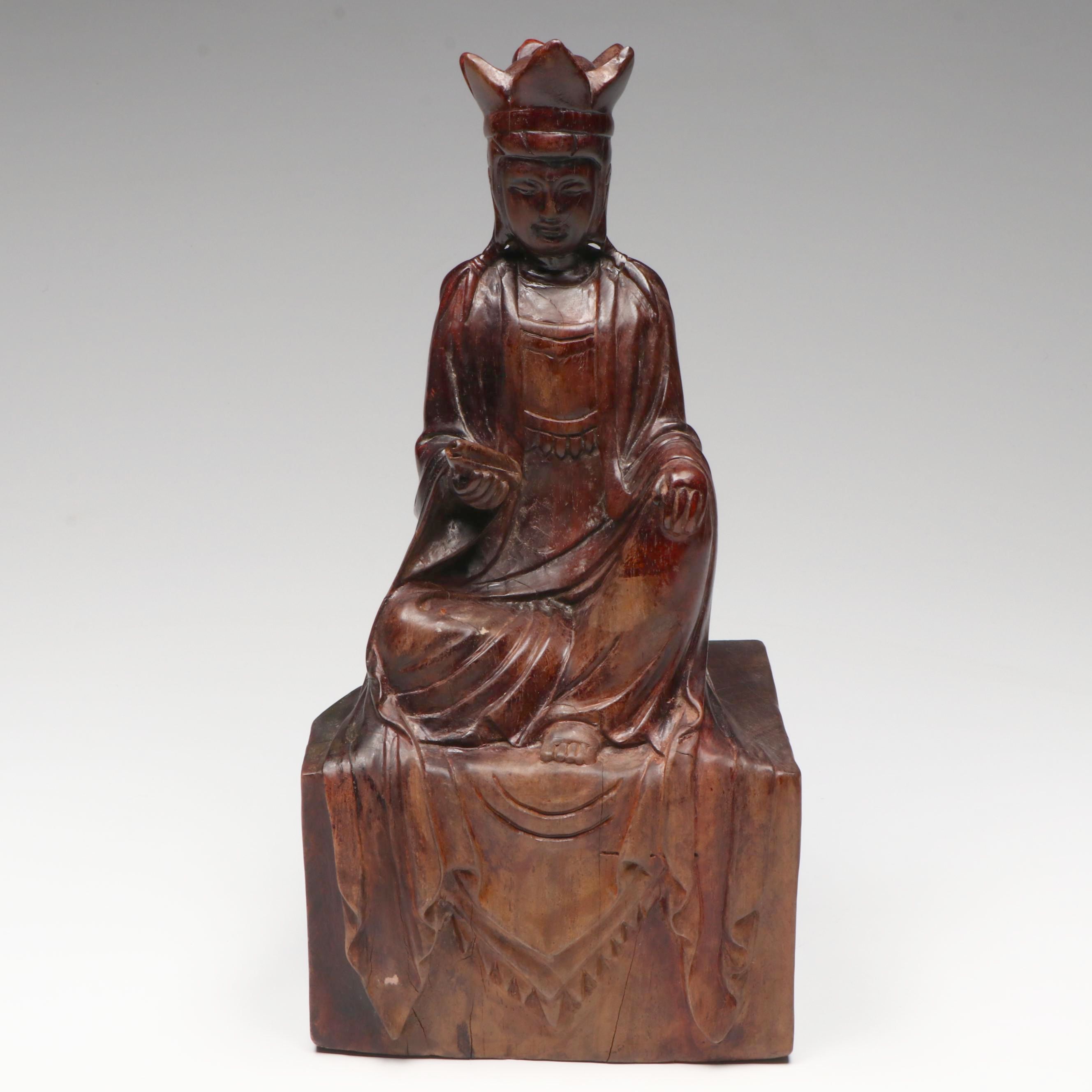 Antique  Qing Dynasty Carved Hardwood Guanyin