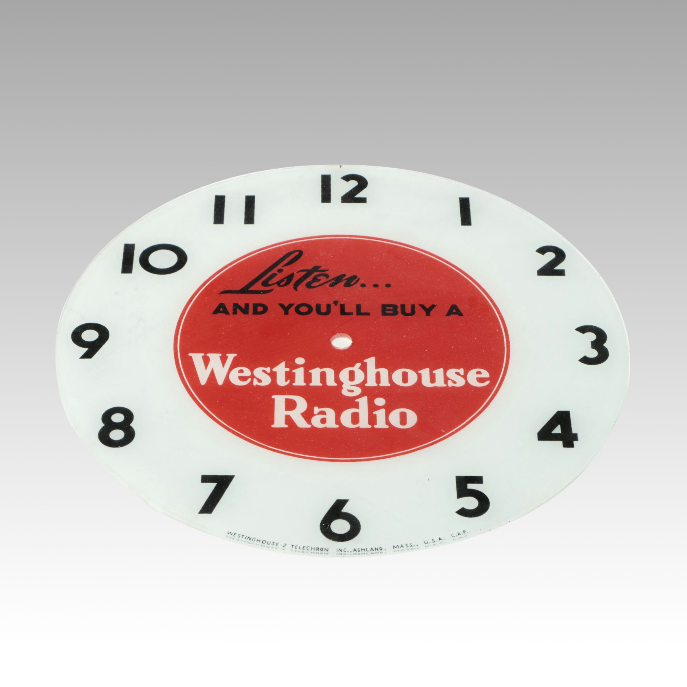 Westinghouse Radio Glass Advertising Clock Face, 20th Century