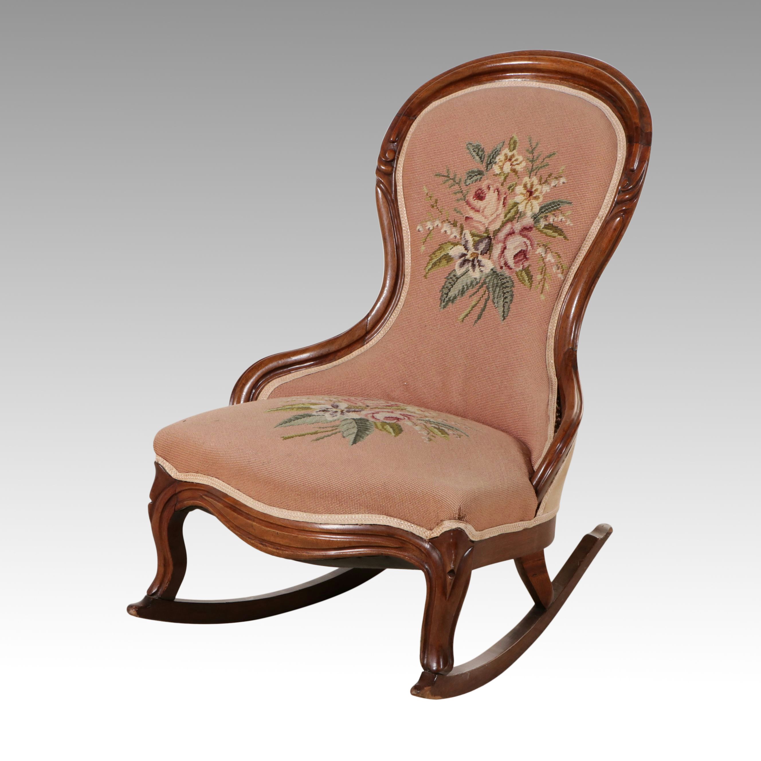 Victorian Oak Rocking Chair with Needlepoint Upholstery