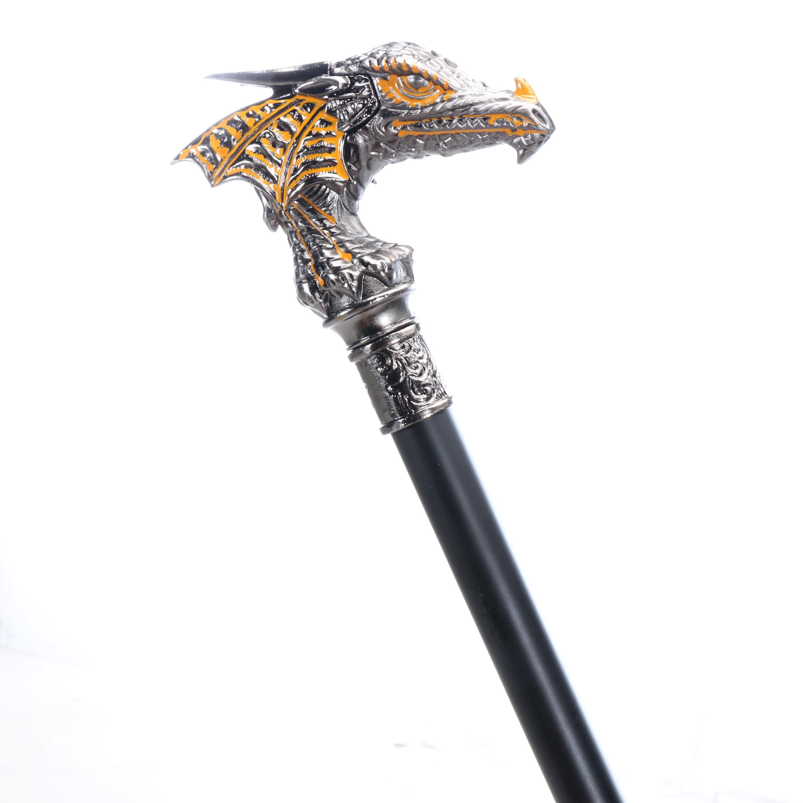 Silver and Yellow Enameled Dragon Head Walking Stick