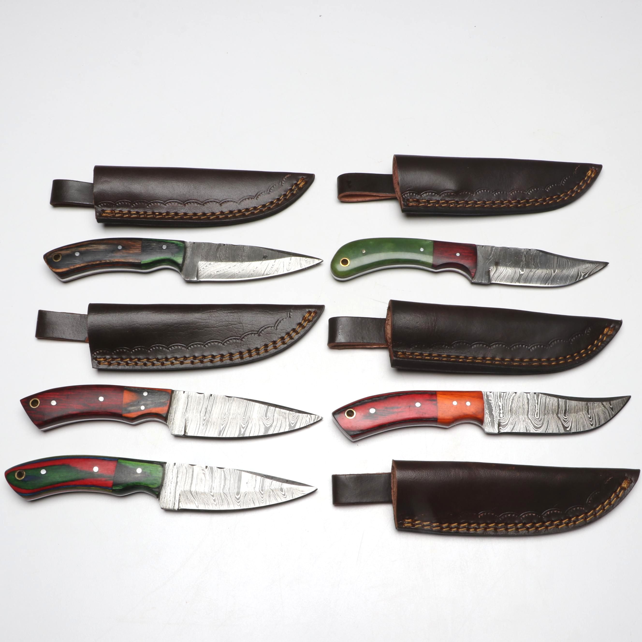 Damascus Steel Hunting Knives in Leather Scabbards
