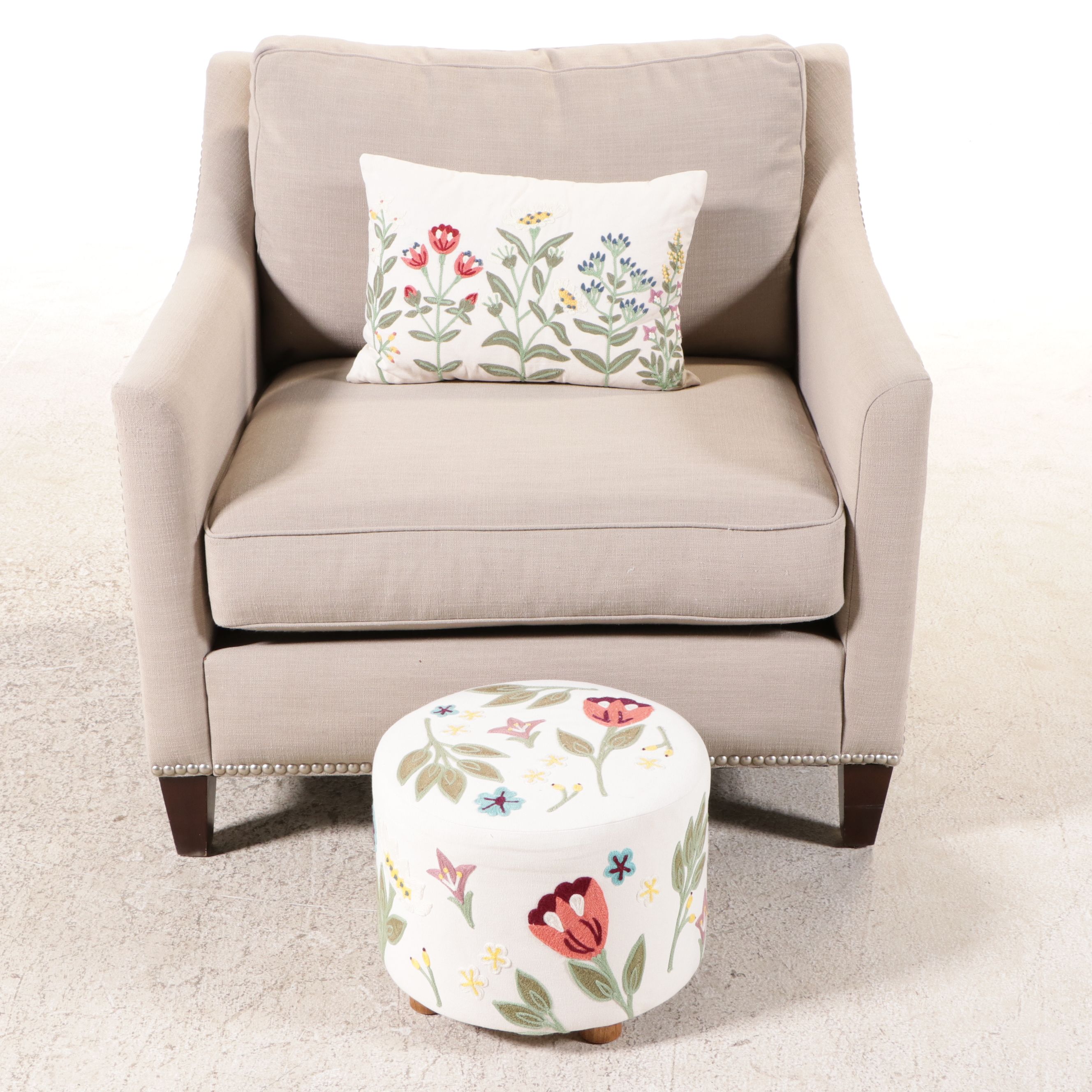 Robert Michael Lounge Chair with Crewel Work Footstool and Accent Pillow