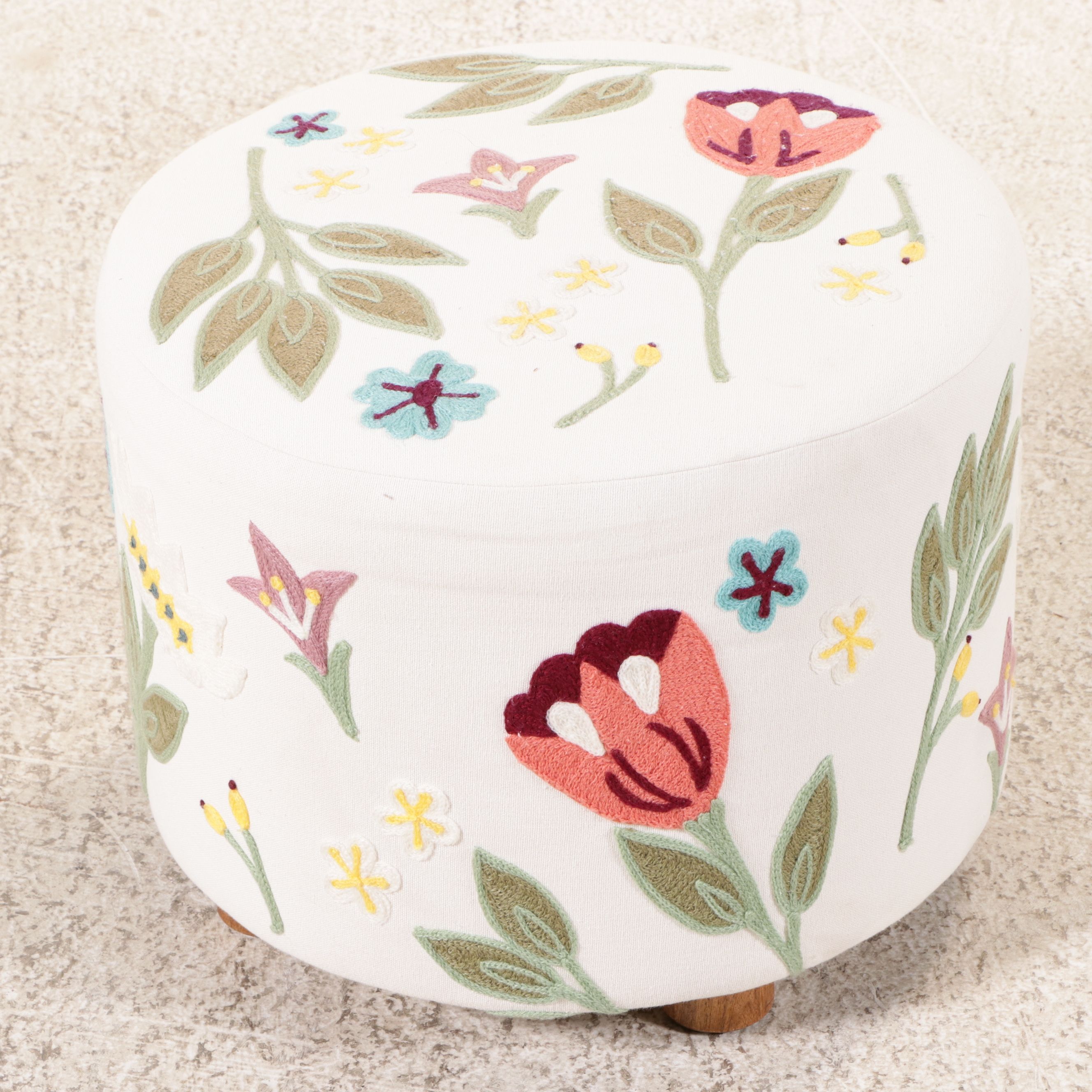 Robert Michael Lounge Chair with Crewel Work Footstool and Accent Pillow