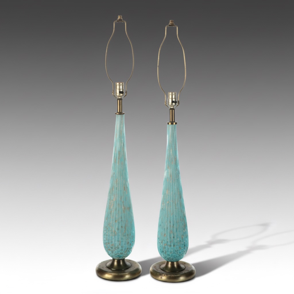 Monumental Pair of Murano Ribbed Turquoise with Aventurine Art Glass Table Lamps