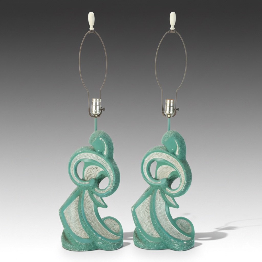 Pair of Mid Century Modern Turquoise Textured Abstract Table Lamps