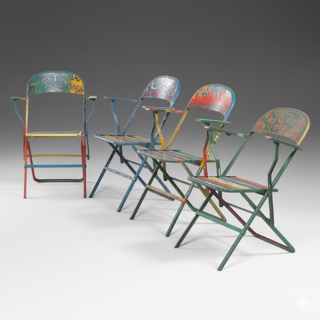 Set of Four Hand-Painted Folding Chairs, Late 20th Century