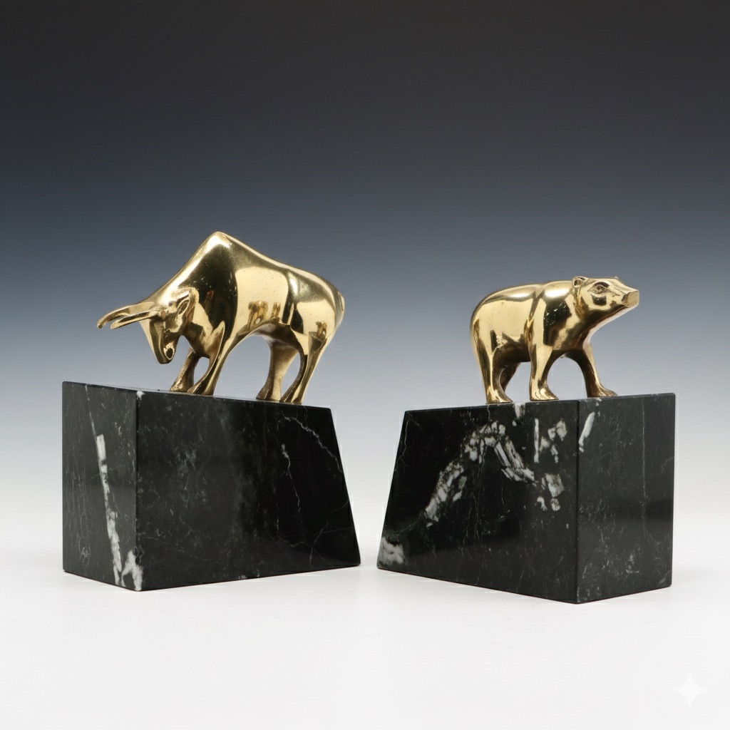 Pair of Brass Bull and Bear Bookends on Black Marble Bases
