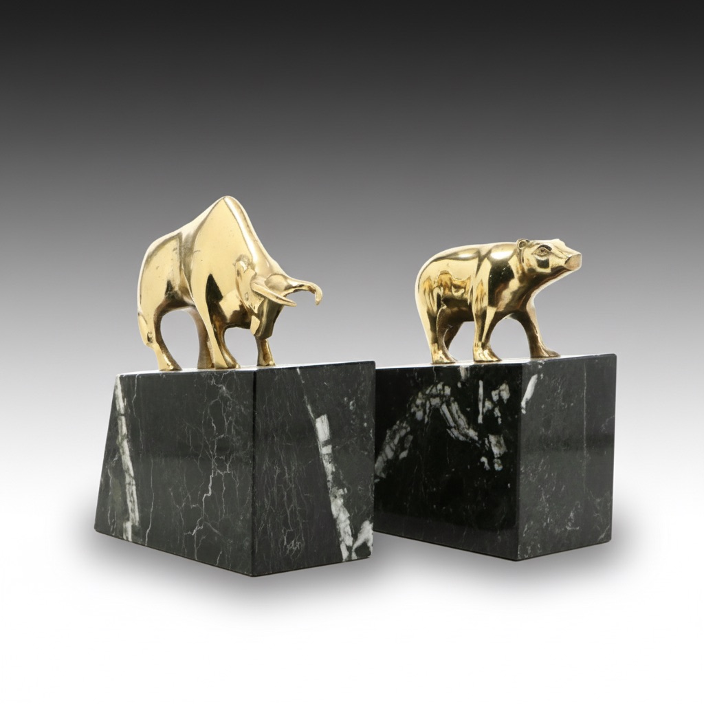 Pair of Brass Bull and Bear Bookends on Black Marble Bases