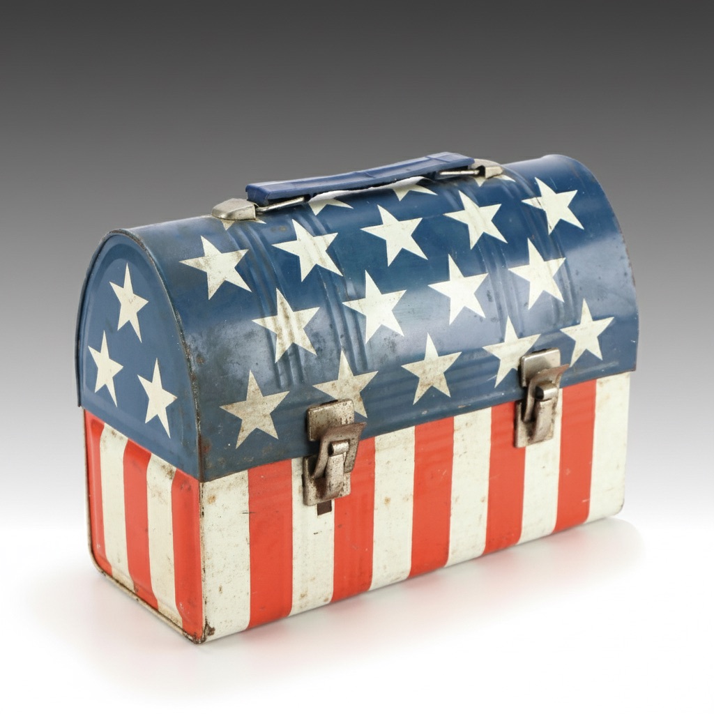 Aladdin Stars and Stripes Dome-Top Lithographed Tin Lunch Box, circa 1970s