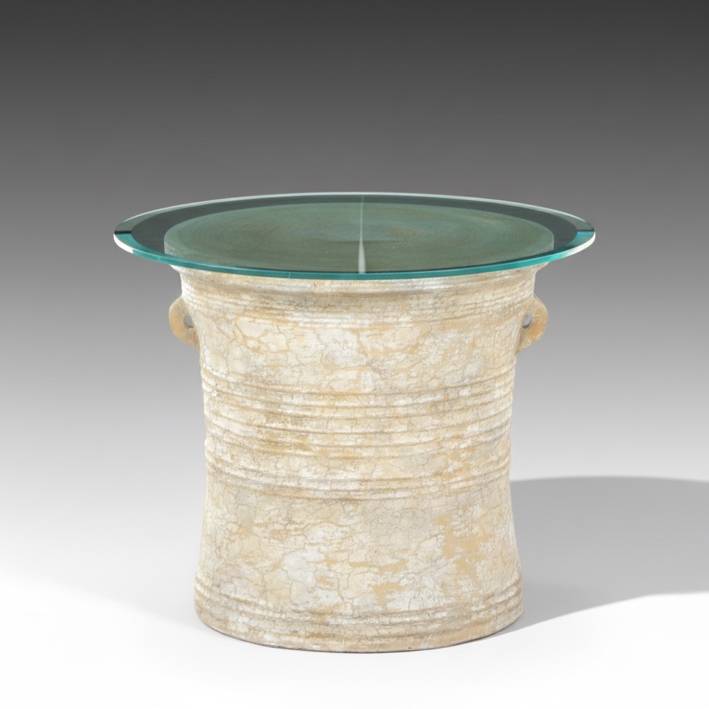 Southeast Asian Style Glazed Composite & Glass Top Rain Drum–Form Side Table