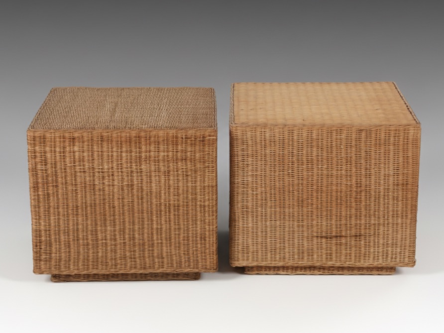 Woven Rattan Cube Side Tables, Mid Century Modern Style