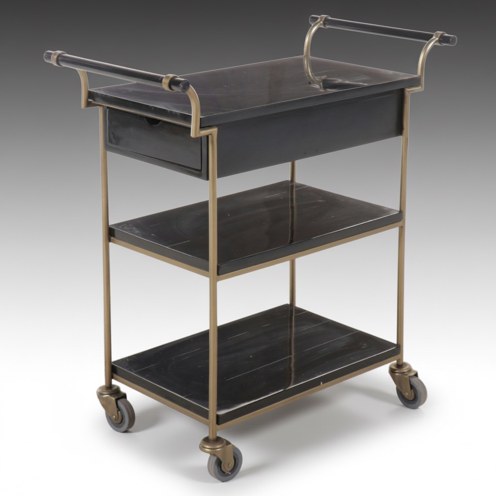 Modernist Style Black Lacquered Wood and Metal Bar Cart