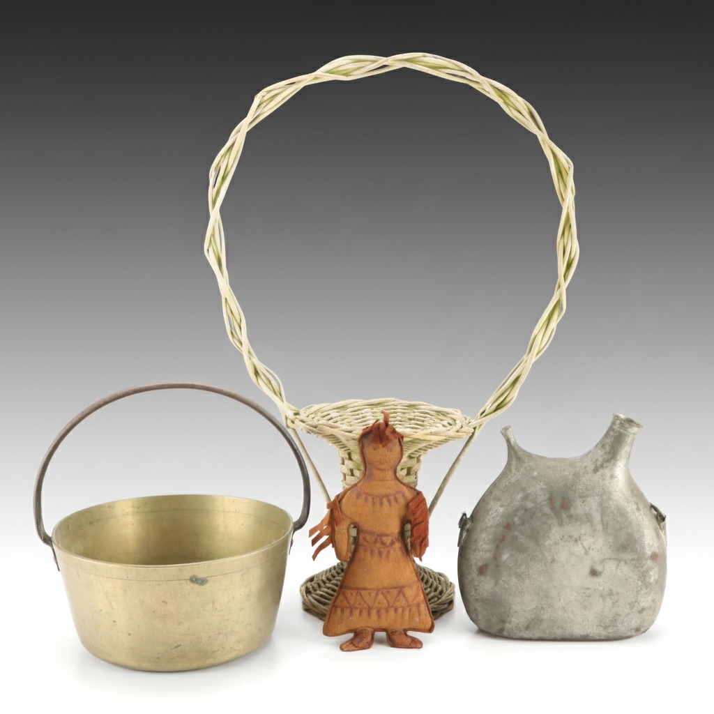 French WWI Era Metal Canteen with Native American Leather Doll and Other Décor