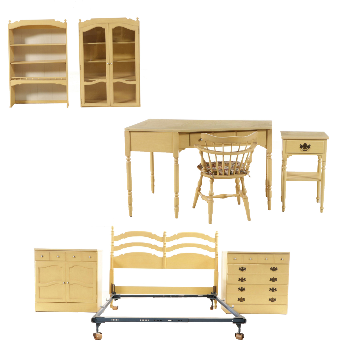 Ethan Allen Colonial Style Yellow Painted Wood Bedroom Suite, Mid–Late 20th C.