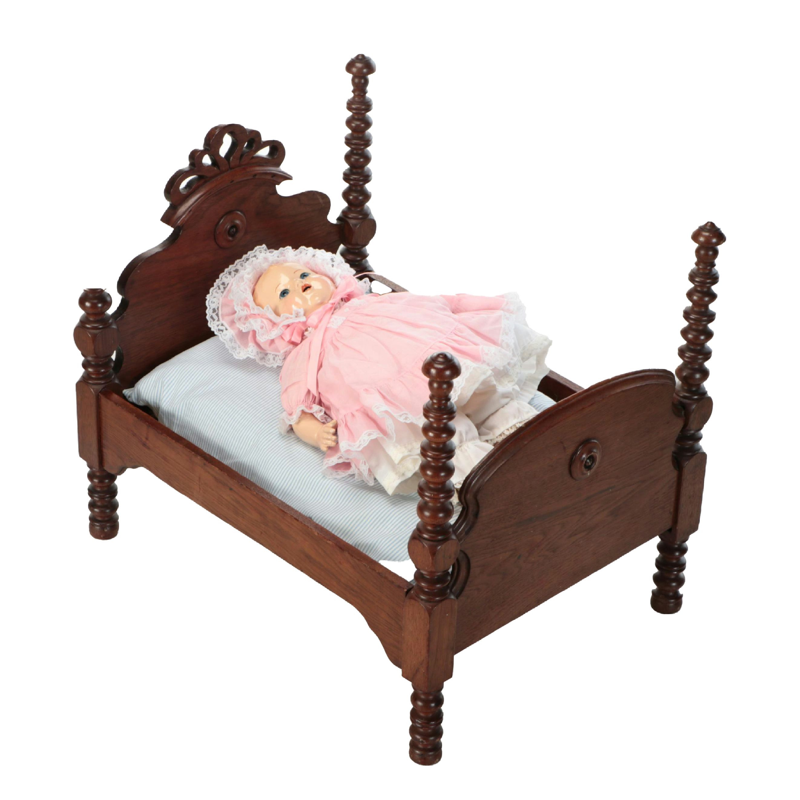 Victorian Diminutive Spool-Turned Bed with Composition Ideal Doll