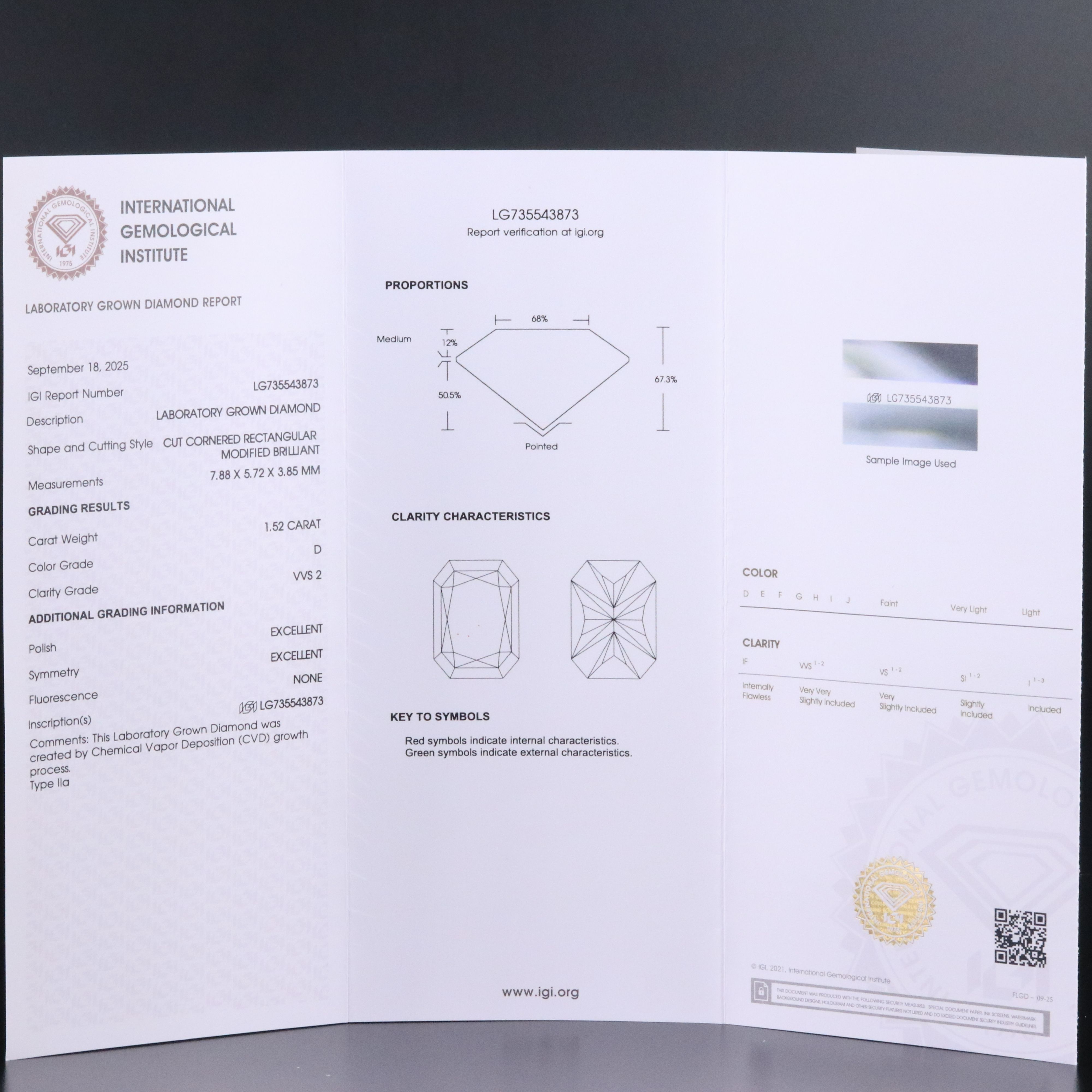 Loose 1.52 CT Lab Grown Diamond with IGI Report