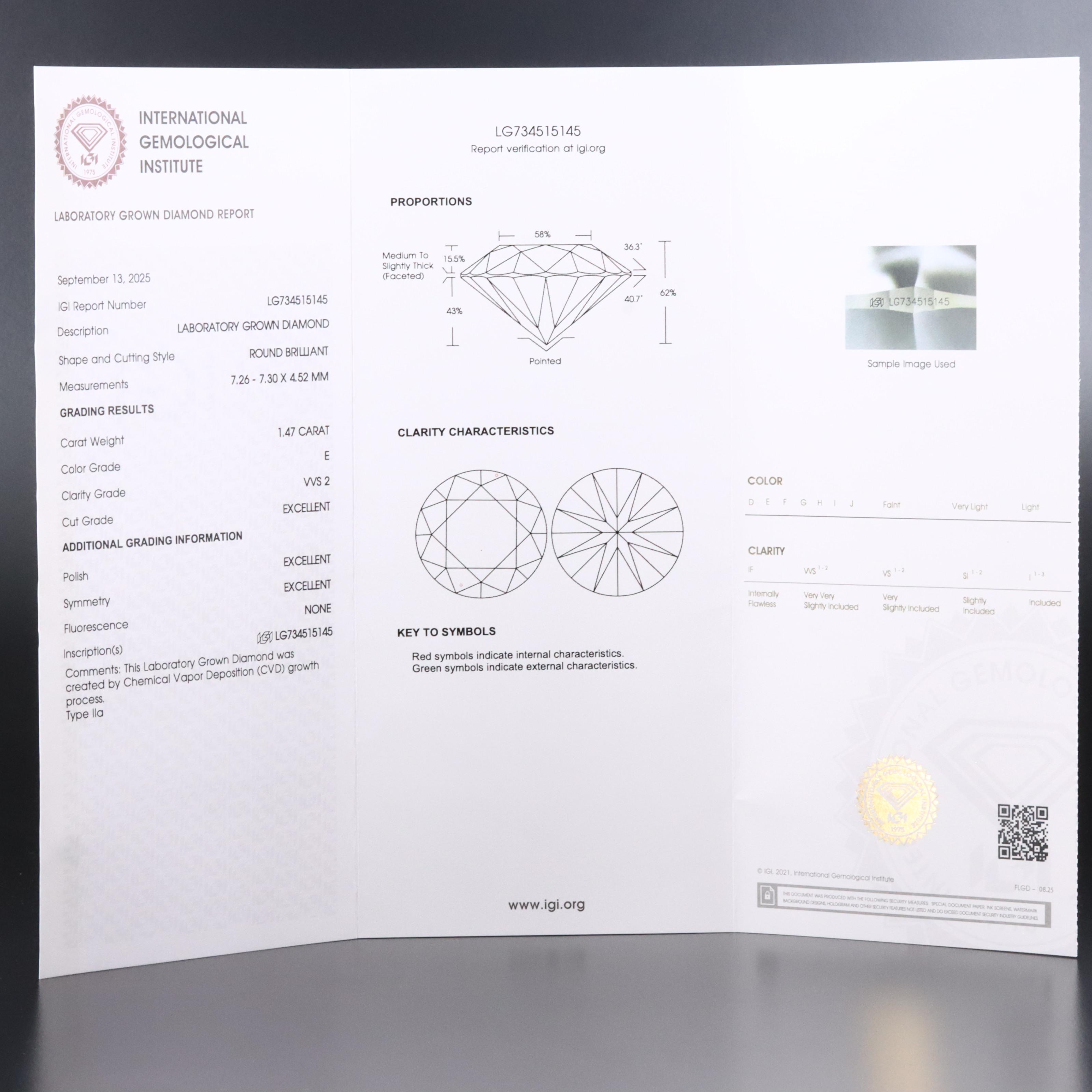 Loose 1.47 CT Lab Grown Diamond with IGI Report