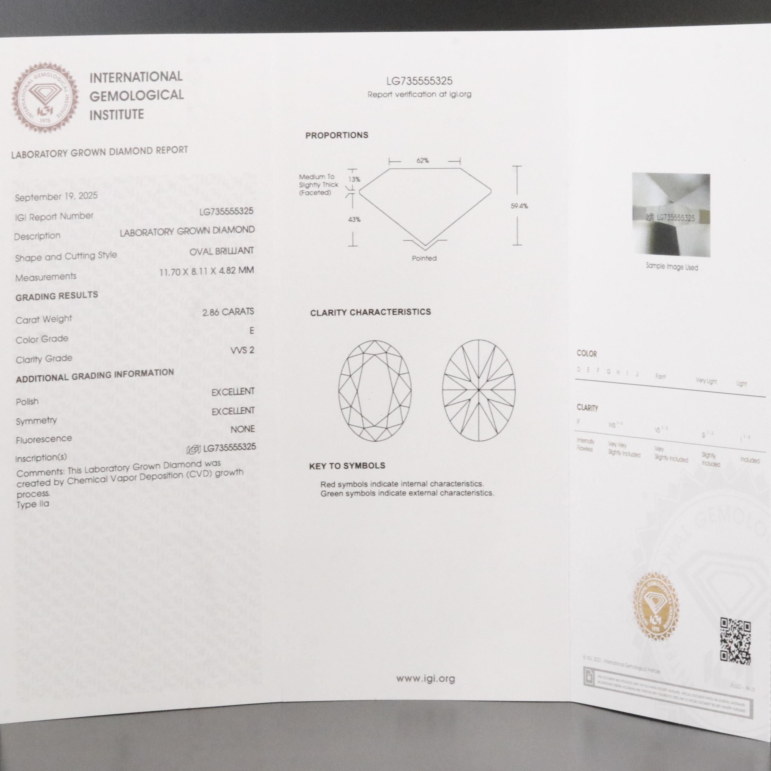 Loose 2.86 CT Lab Grown Diamond with IGI Report