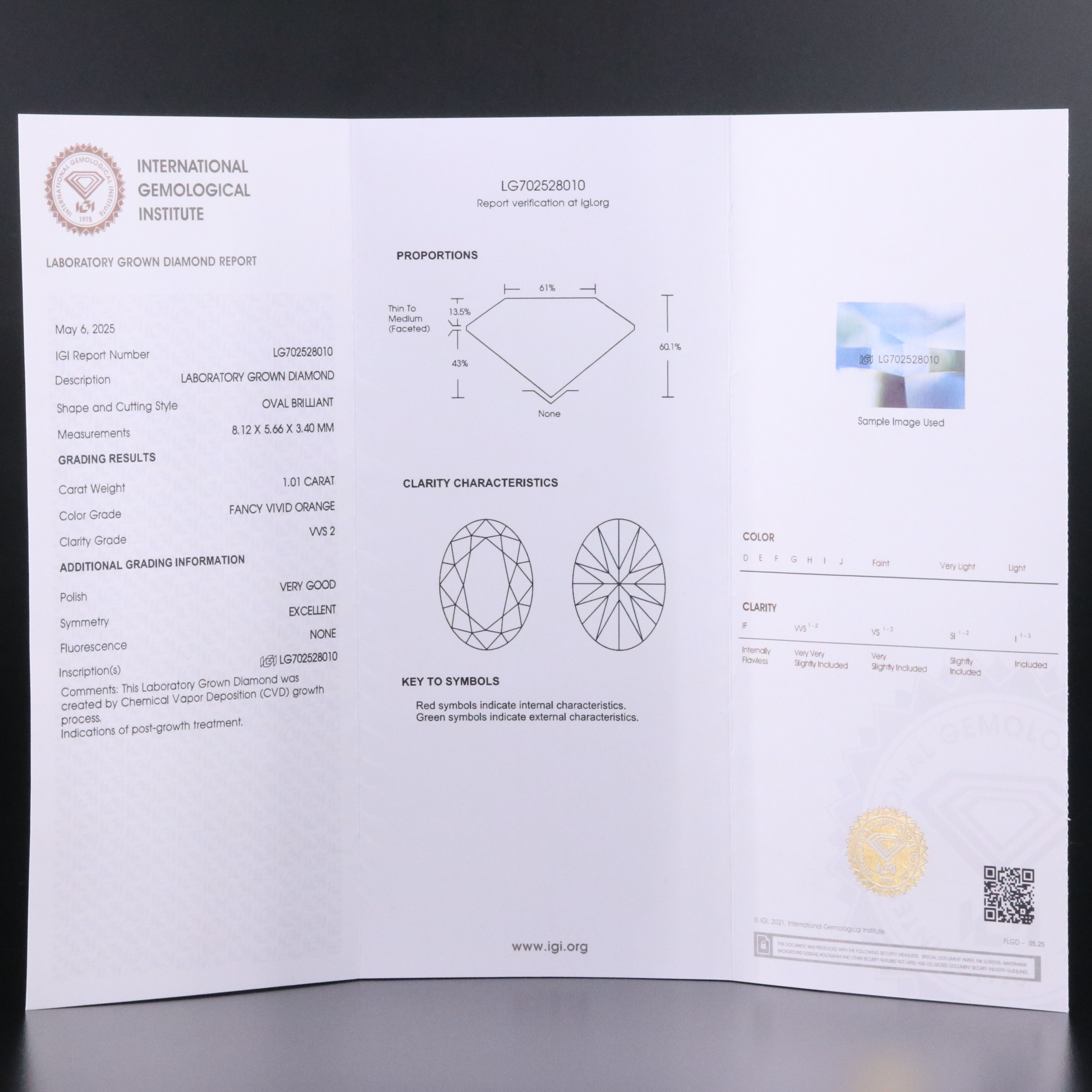 Loose 1.01 CT Lab Grown Fancy Orange Diamond with IGI Report