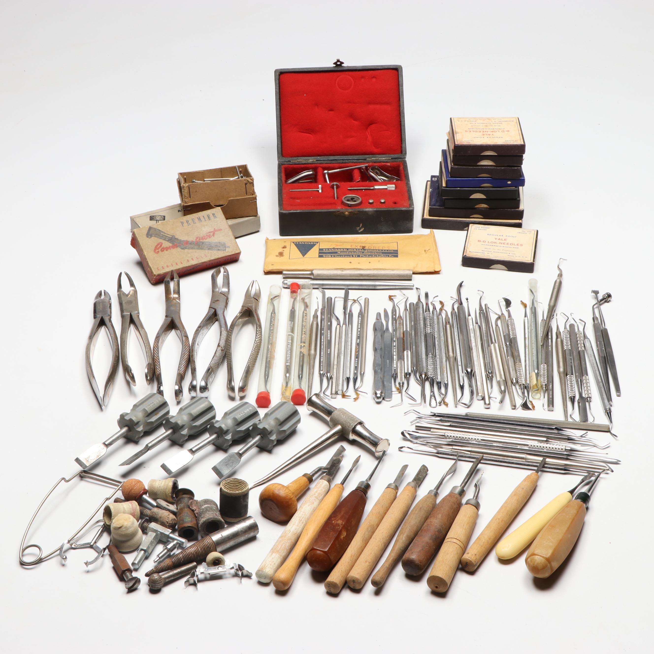 Celluloid and Wood Handle Chisels with Other Vintage Dental Instruments